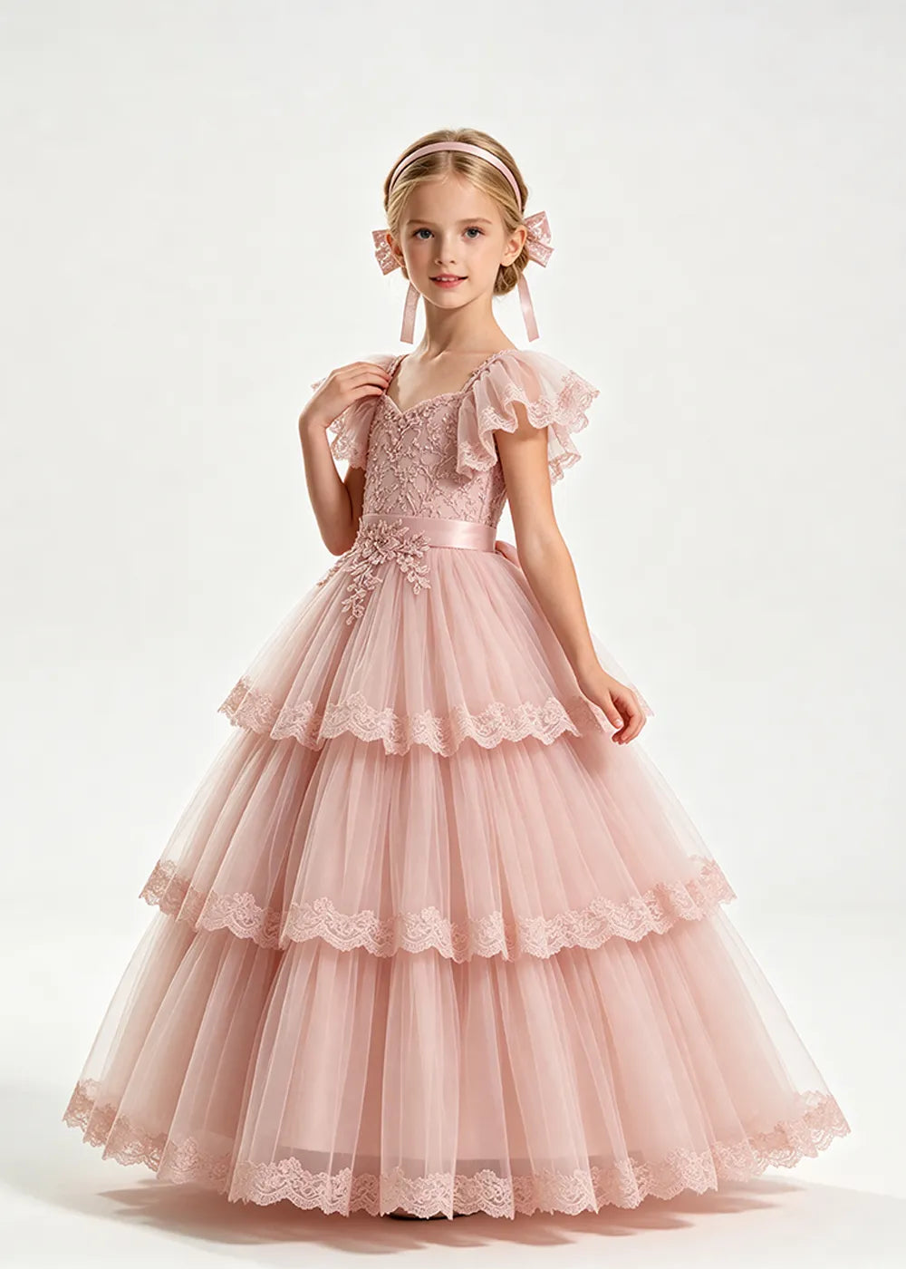 Warm Blush Pink Flower Girl Ball Gown with Three Lace-Edged Tiers