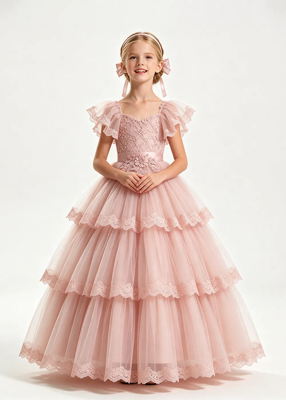 Warm Blush Pink Flower Girl Ball Gown with Three Lace-Edged Tiers