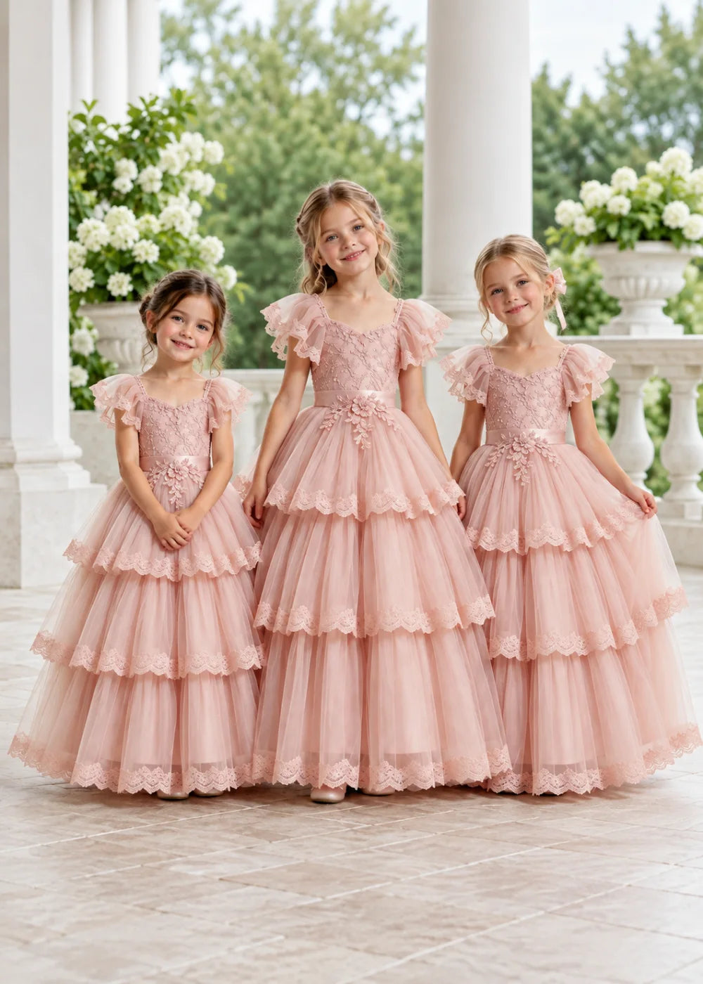 Warm Blush Pink Flower Girl Ball Gown with Three Lace-Edged Tiers