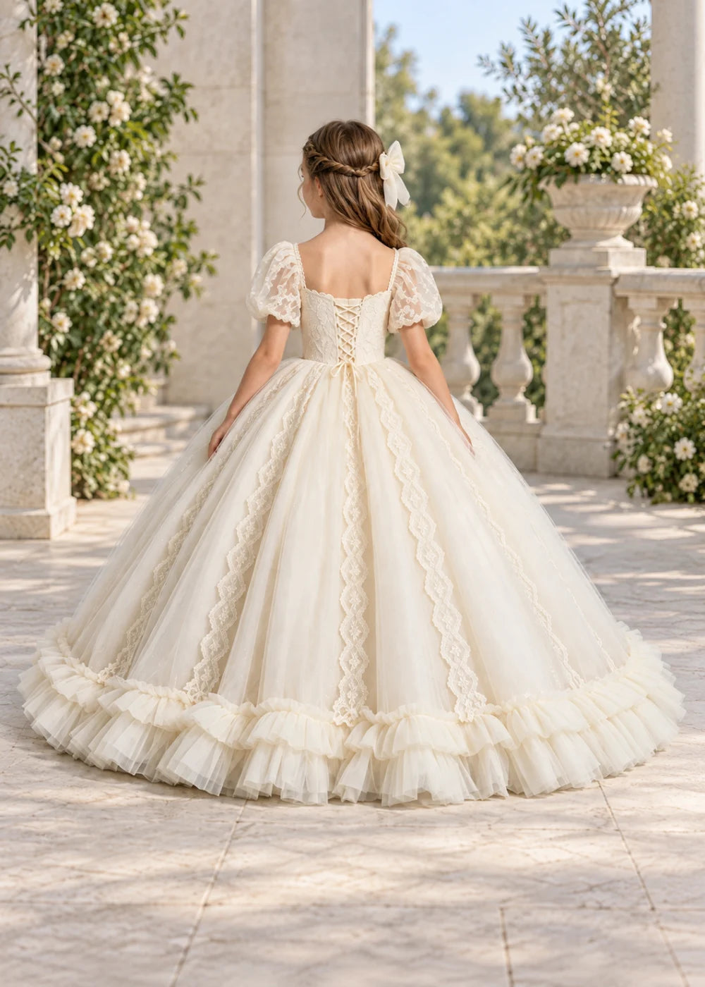 Warm Ivory Flower Girl Gown with Puff Sleeves and Ruffled Hem