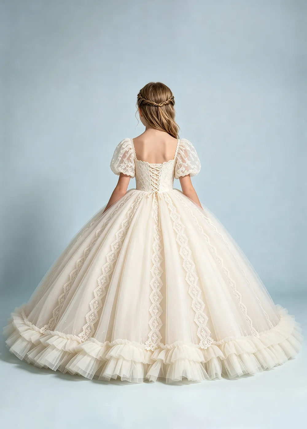 Warm Ivory Flower Girl Gown with Puff Sleeves and Ruffled Hem