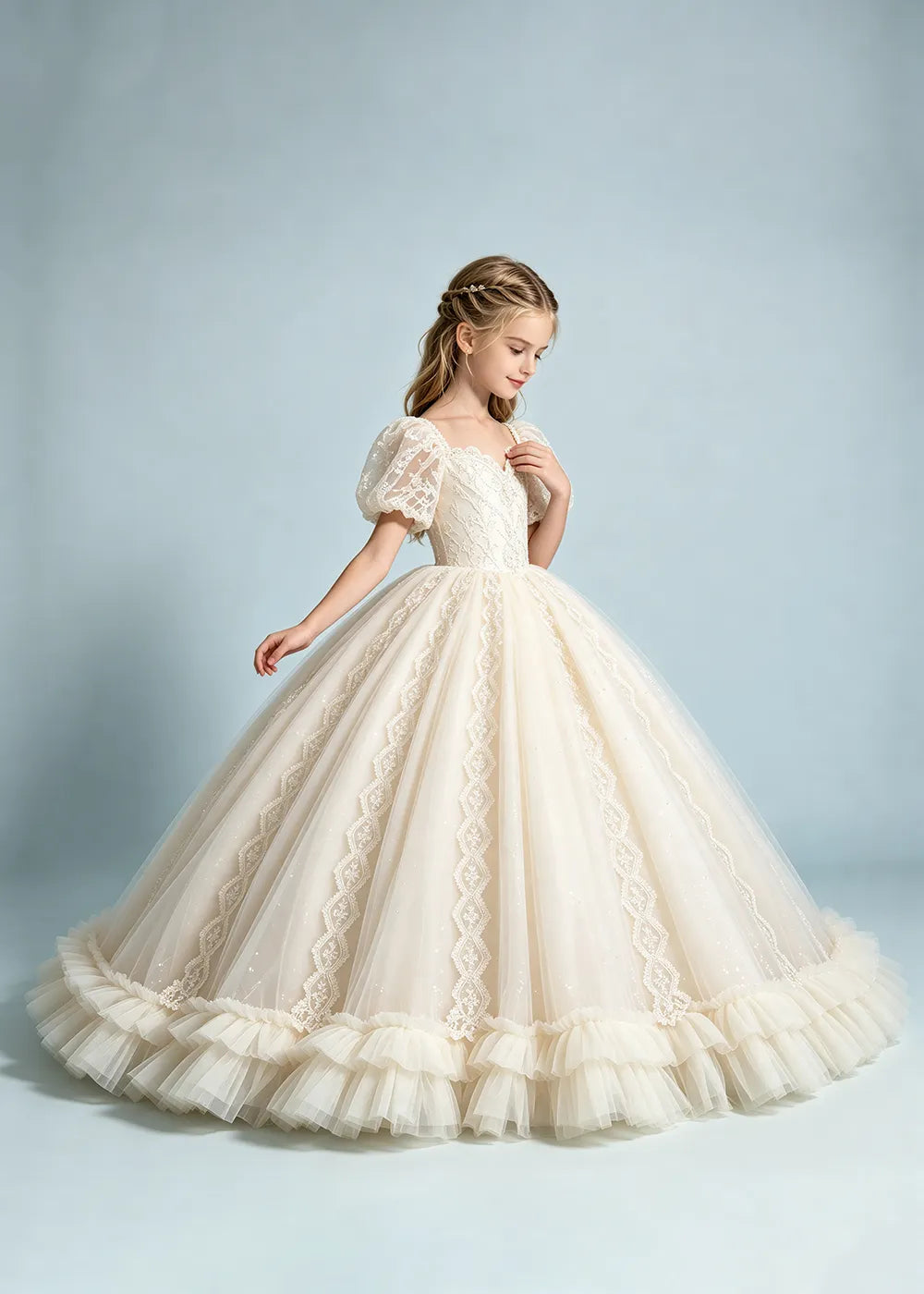 Warm Ivory Flower Girl Gown with Puff Sleeves and Ruffled Hem