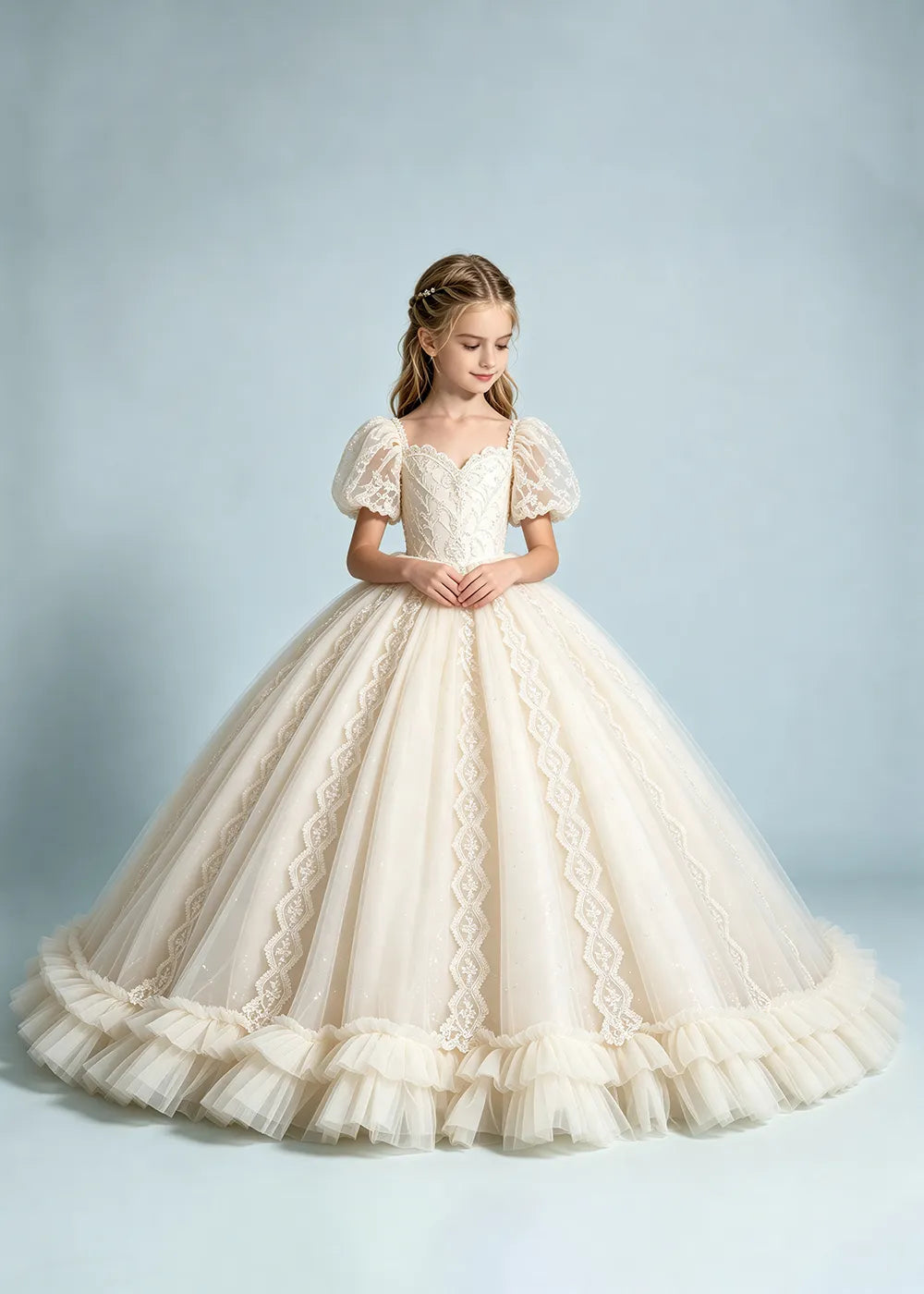 Warm Ivory Flower Girl Gown with Puff Sleeves and Ruffled Hem