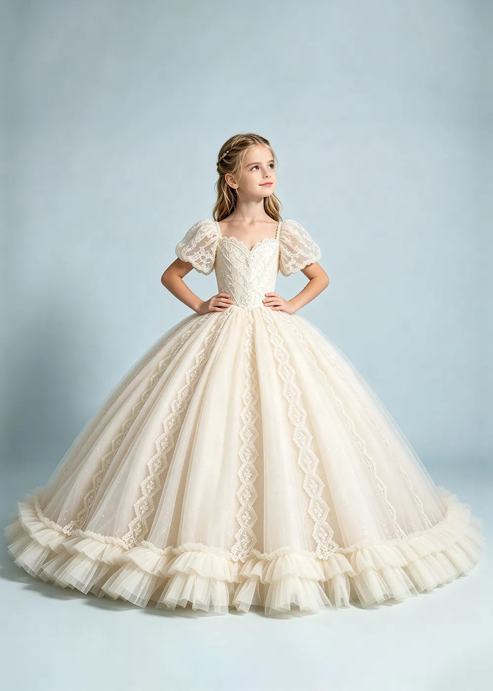 Warm Ivory Flower Girl Gown with Puff Sleeves and Ruffled Hem