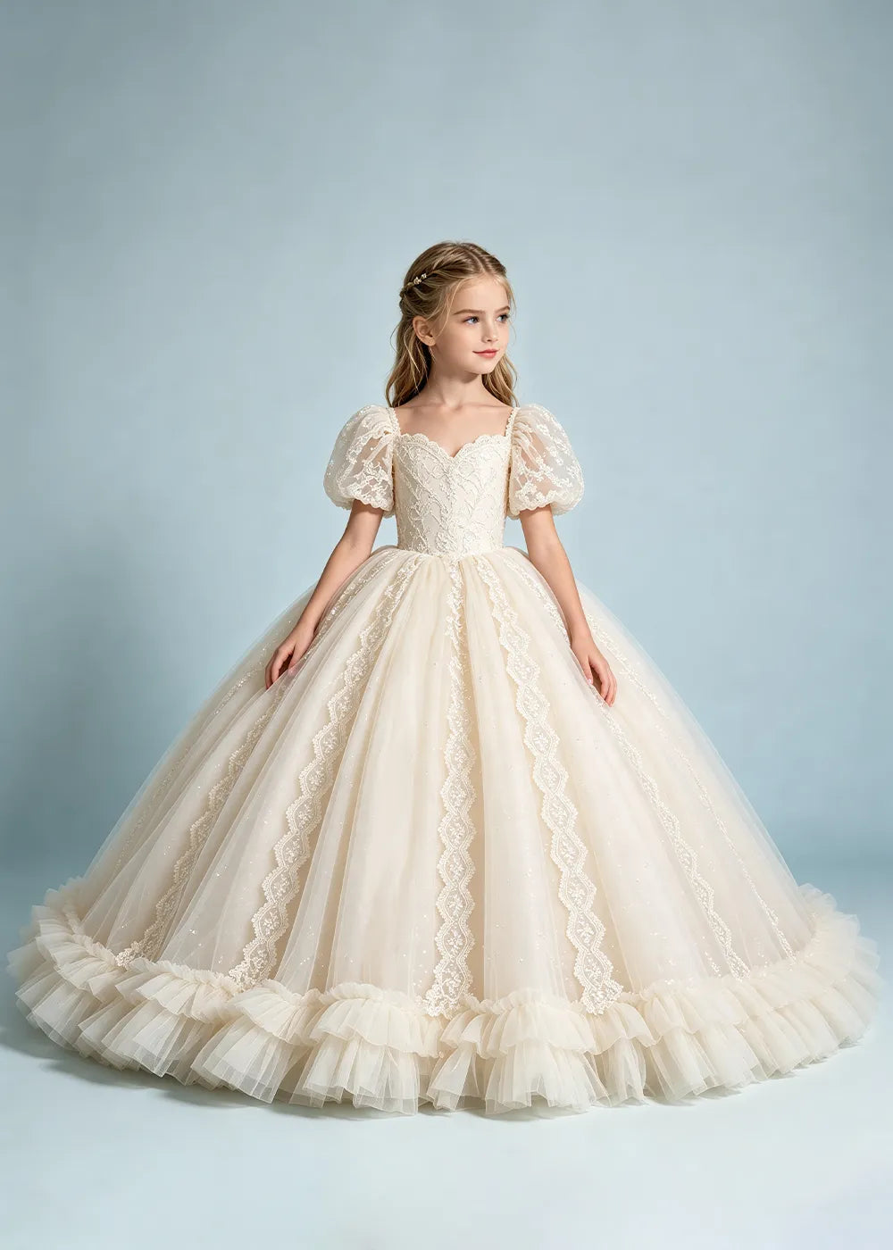 Warm Ivory Flower Girl Gown with Puff Sleeves and Ruffled Hem