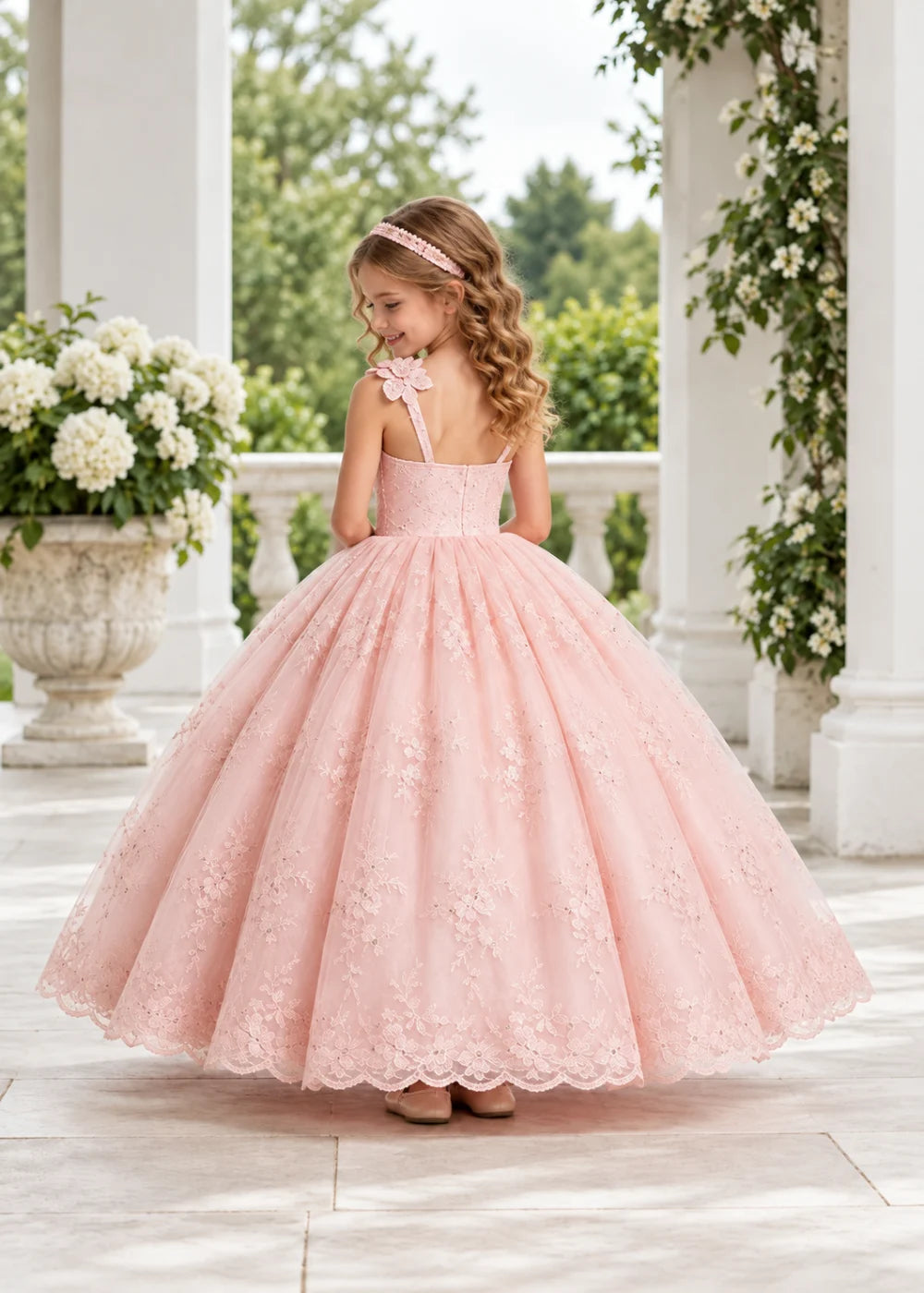 Warm Pale Blush One-Shoulder Flower Girl Gown with Scalloped Lace