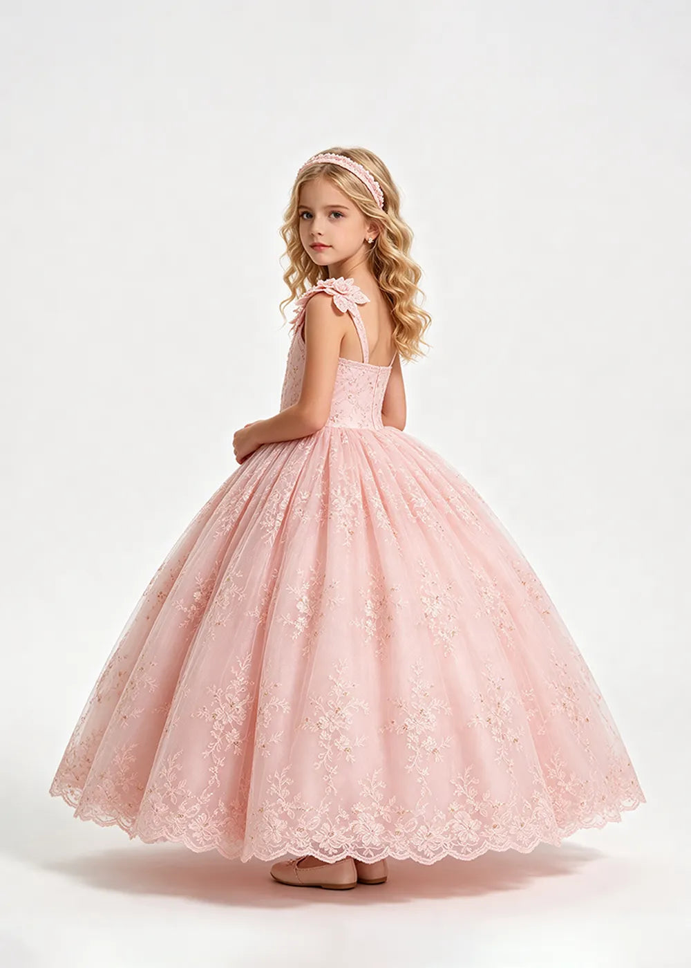 Warm Pale Blush One-Shoulder Flower Girl Gown with Scalloped Lace