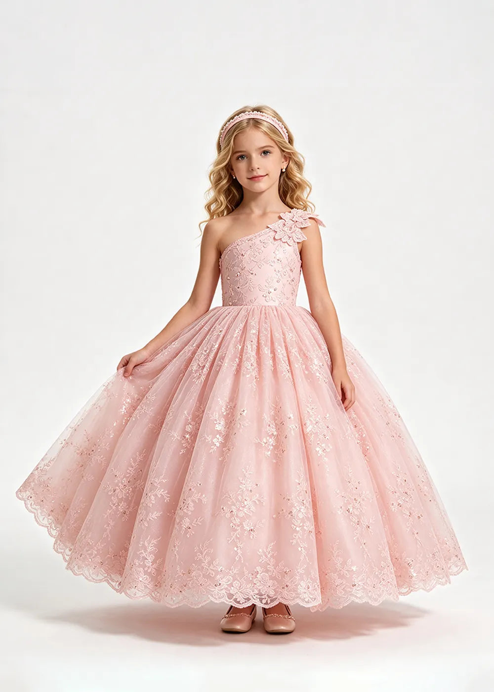 Warm Pale Blush One-Shoulder Flower Girl Gown with Scalloped Lace