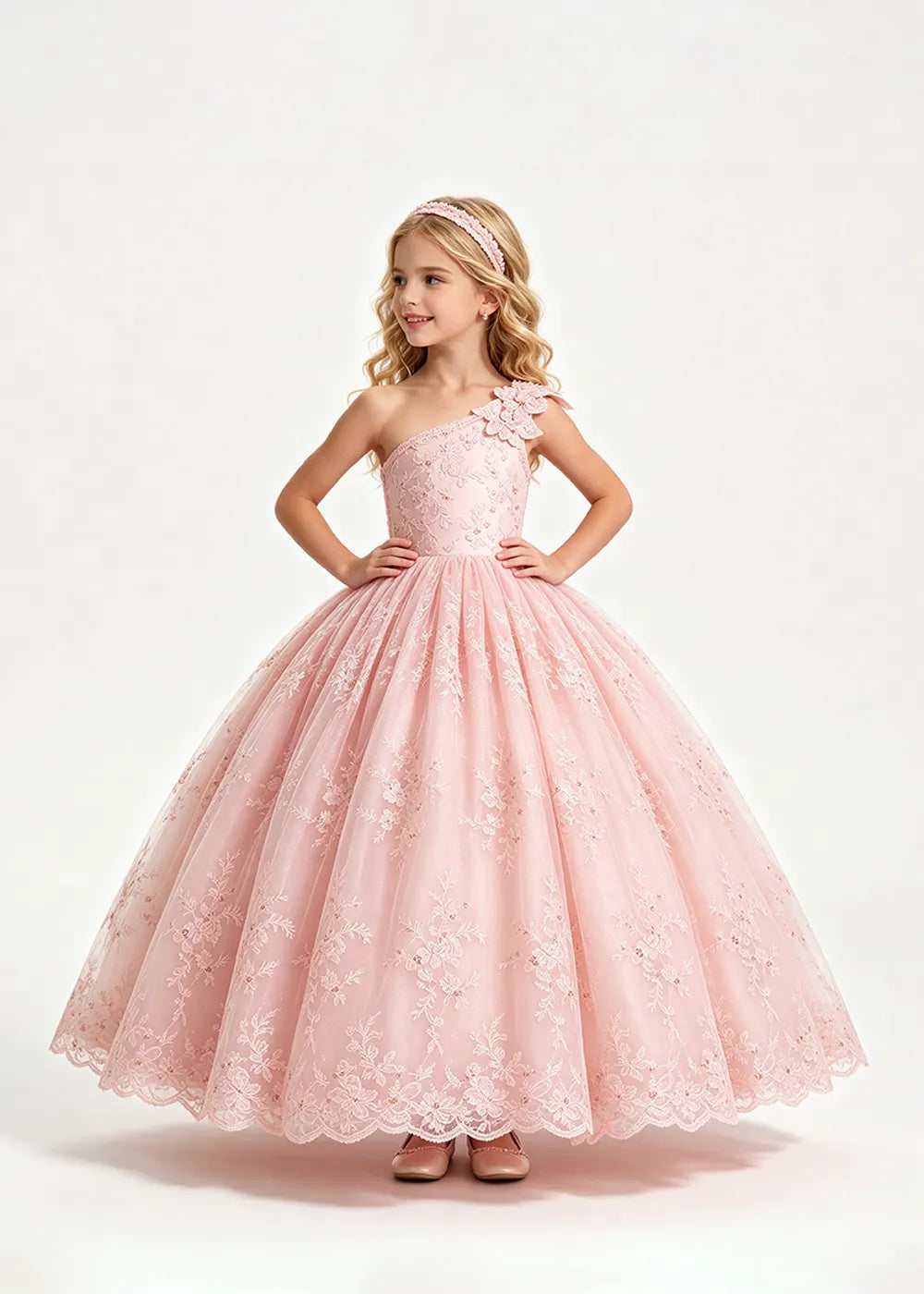 Warm Pale Blush One-Shoulder Flower Girl Gown with Scalloped Lace