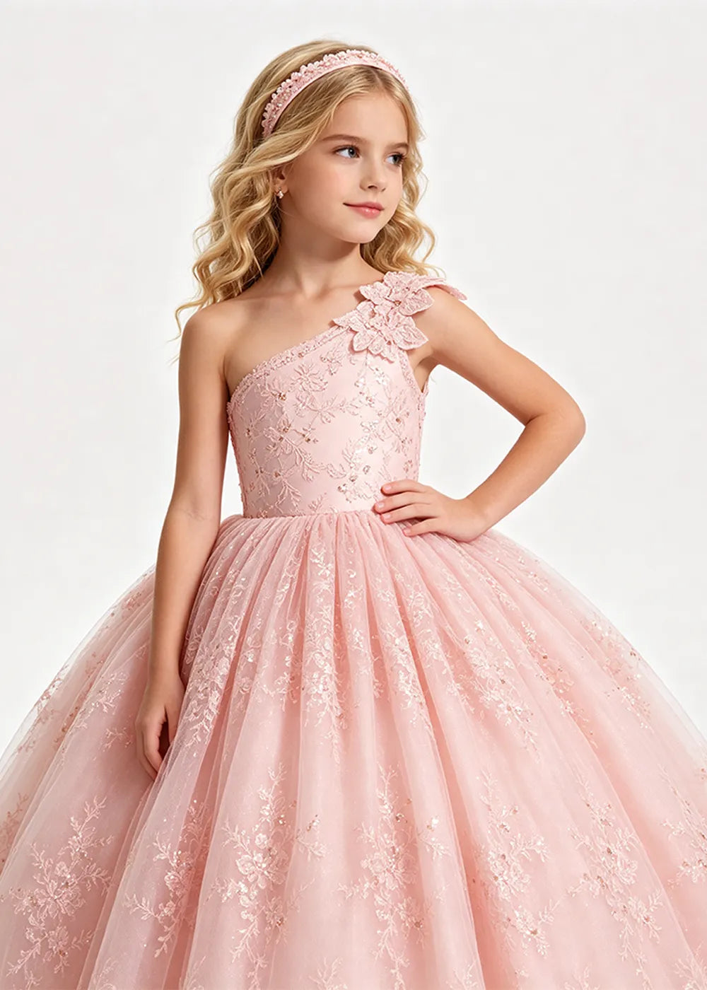 Warm Pale Blush One-Shoulder Flower Girl Gown with Scalloped Lace