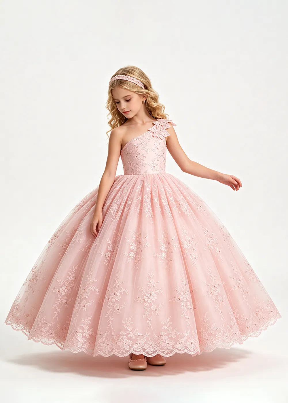 Warm Pale Blush One-Shoulder Flower Girl Gown with Scalloped Lace