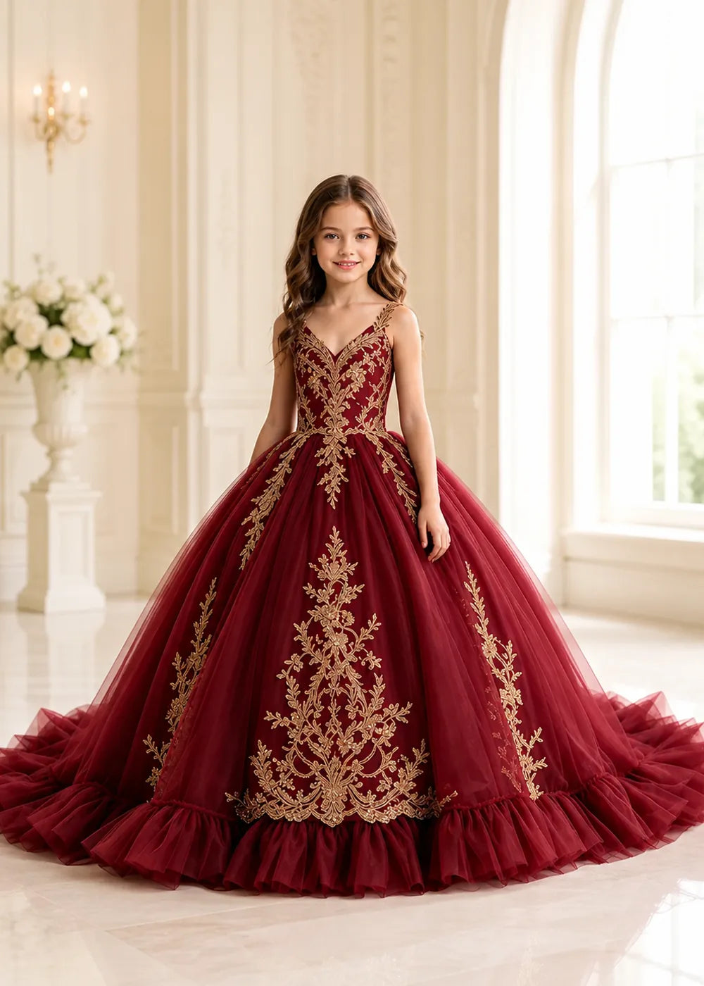 Gold Appliqué V-Neck Flower Girl Ball Gown Dress