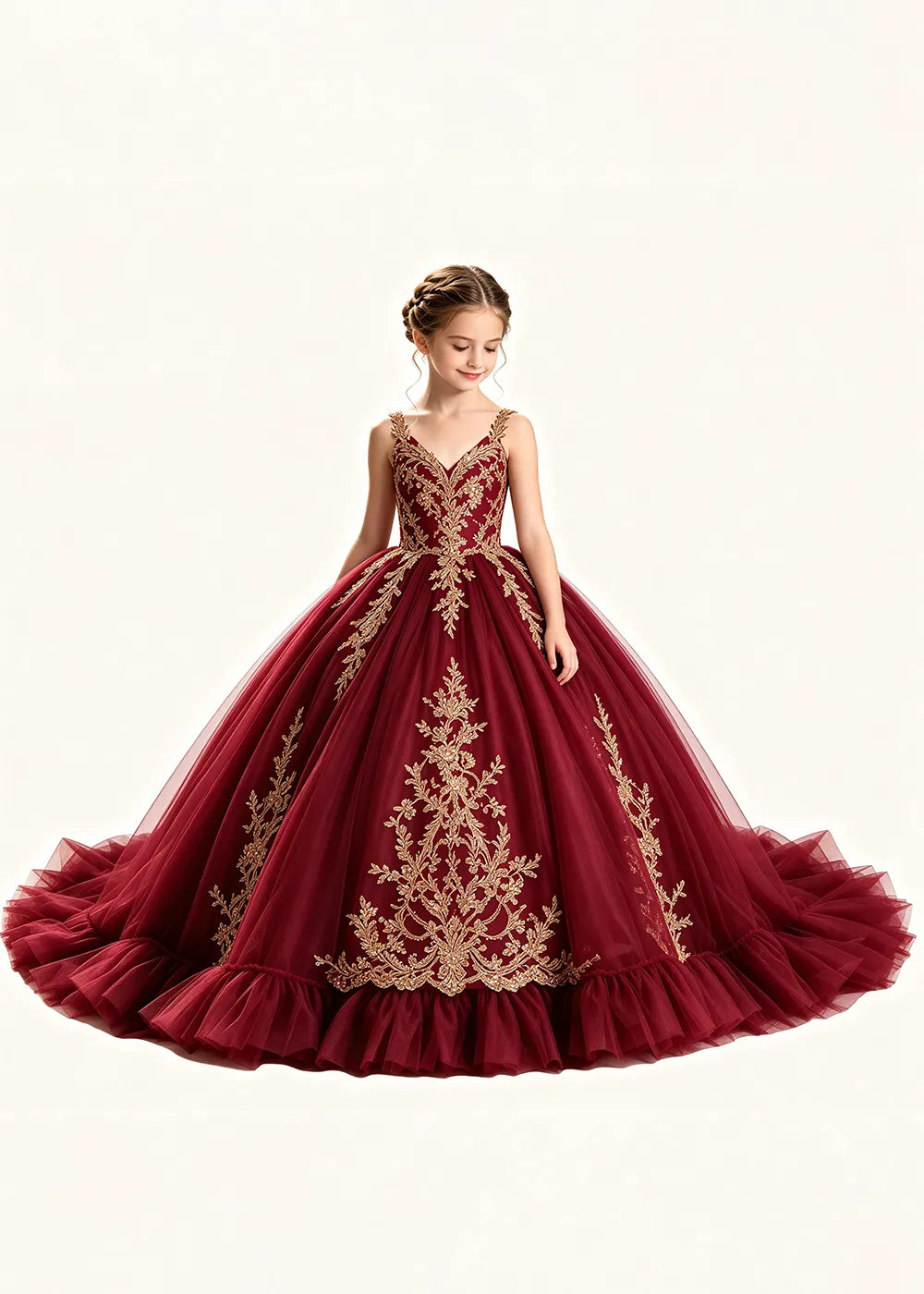 Gold Appliqué V-Neck Flower Girl Ball Gown Dress