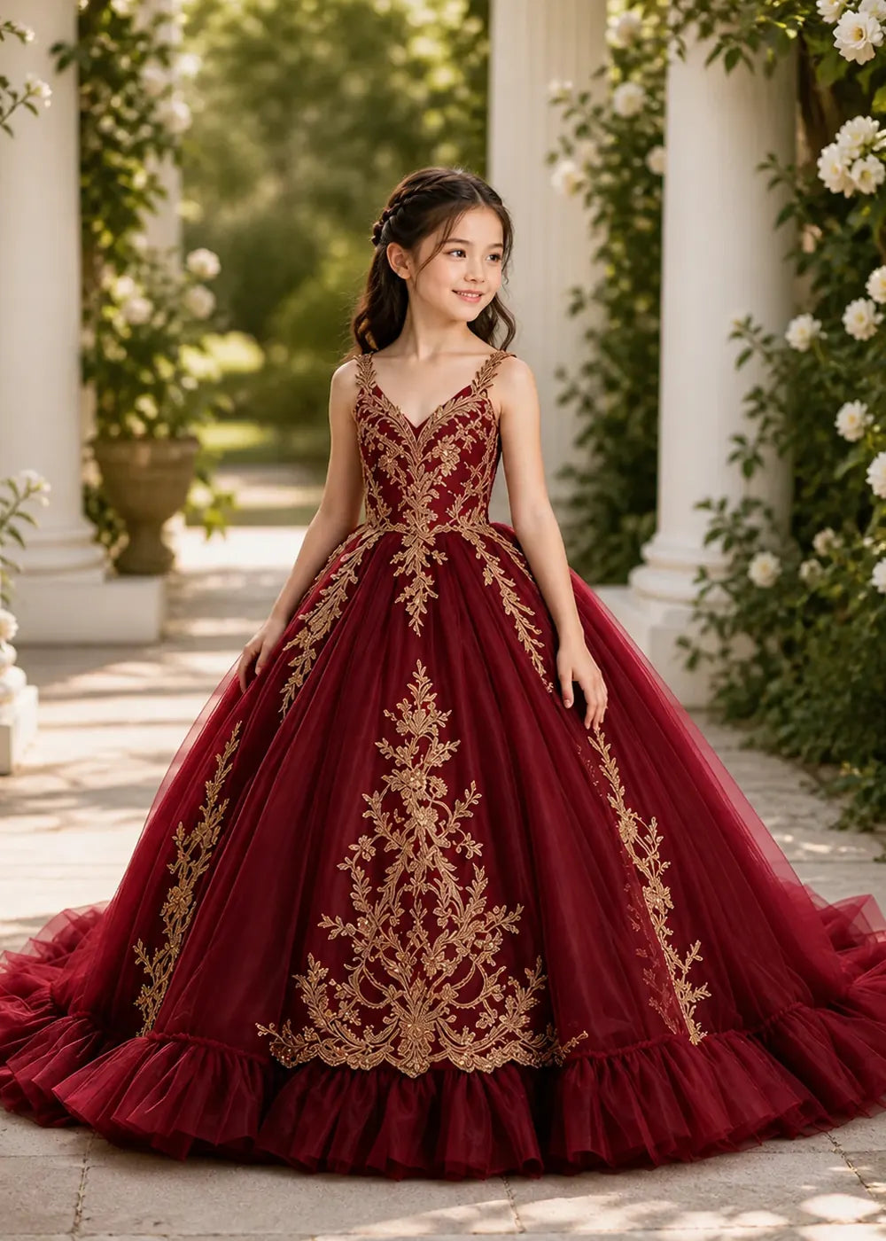 Gold Appliqué V-Neck Flower Girl Ball Gown Dress