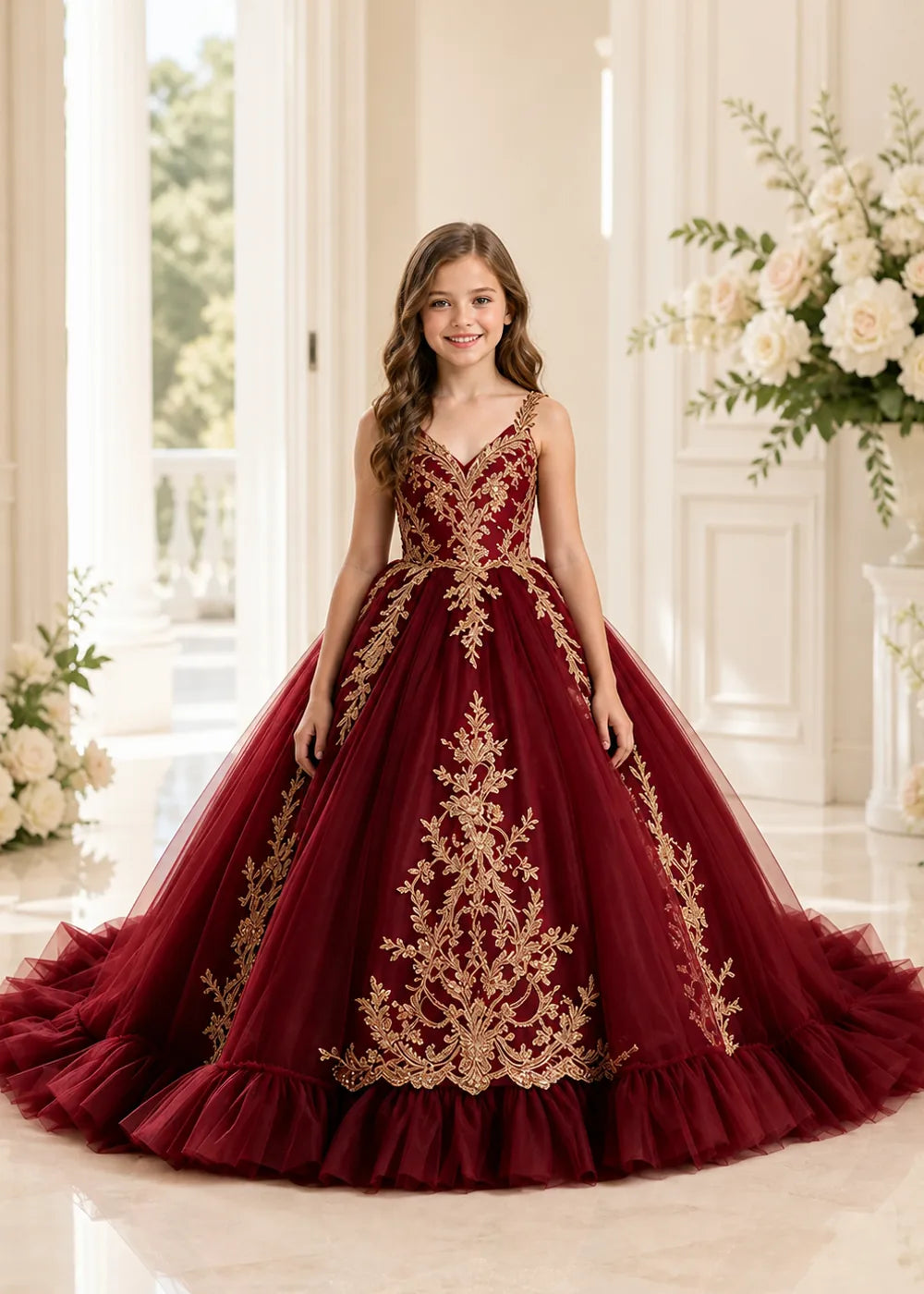 Gold Appliqué V-Neck Flower Girl Ball Gown Dress