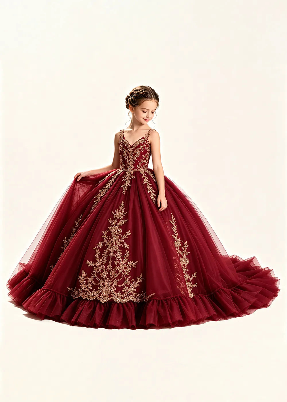 Gold Appliqué V-Neck Flower Girl Ball Gown Dress