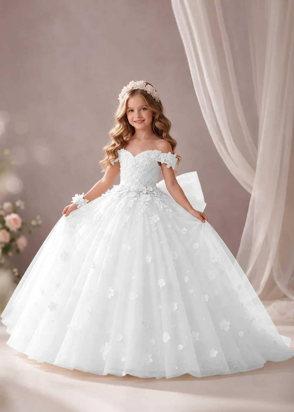 Pink Flower Girl Dress with Floral Appliques and a Full Skirt
