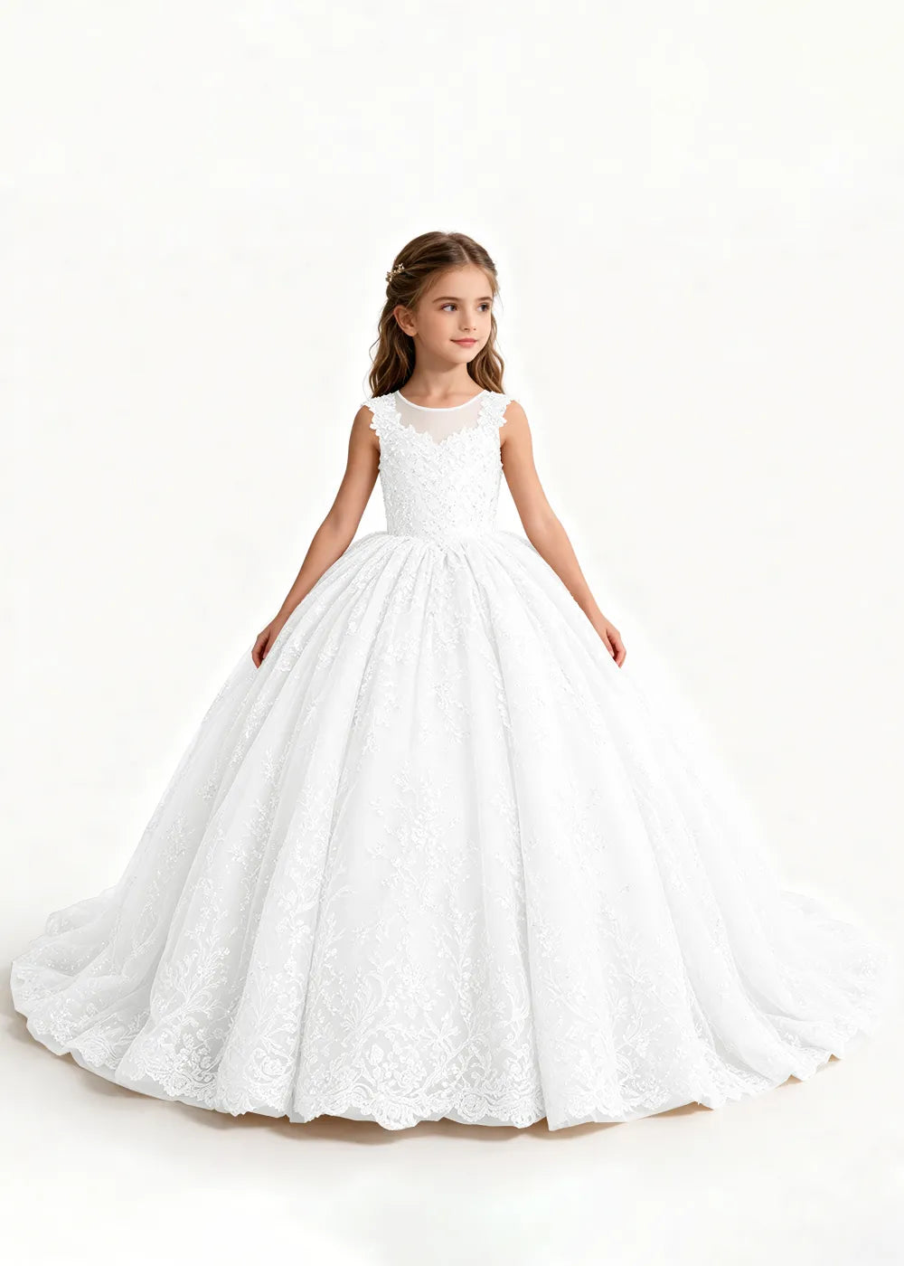 Champagne Flower Girl Gown with Floral Lace and Train