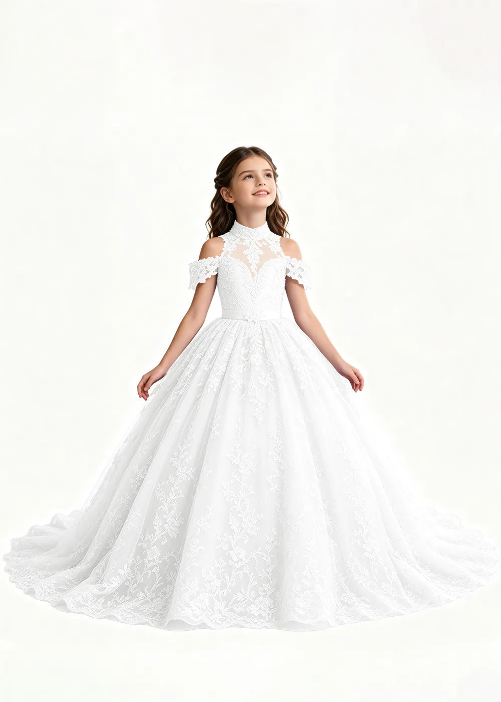 Lavender Flower Girl Gown with Floral Neckline and Train