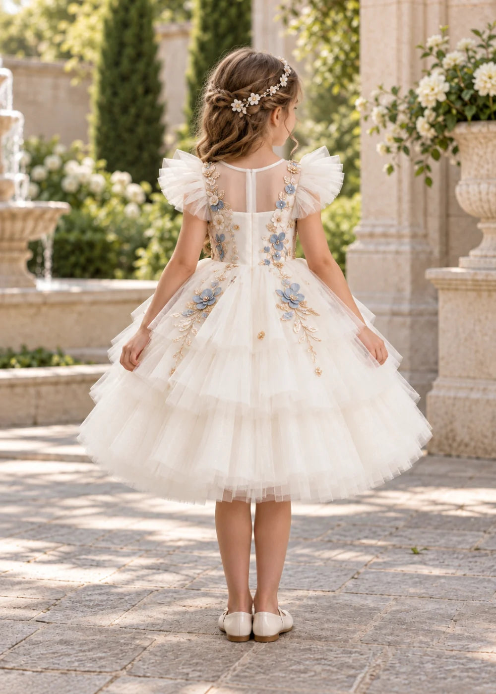 Flower girl dress in White, back view.