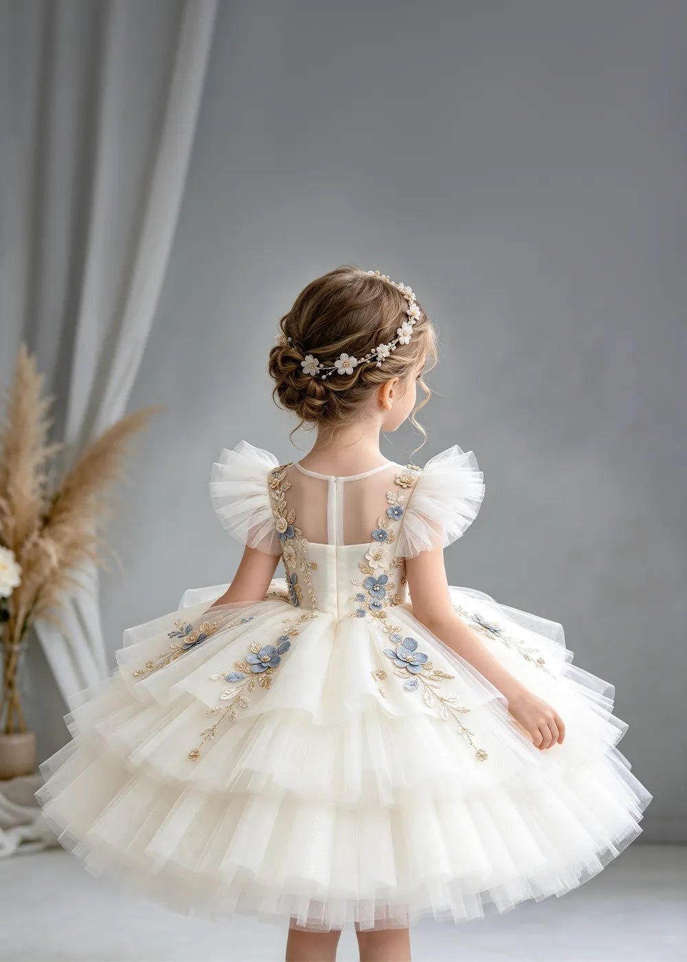 Flower girl dress in White, back view.