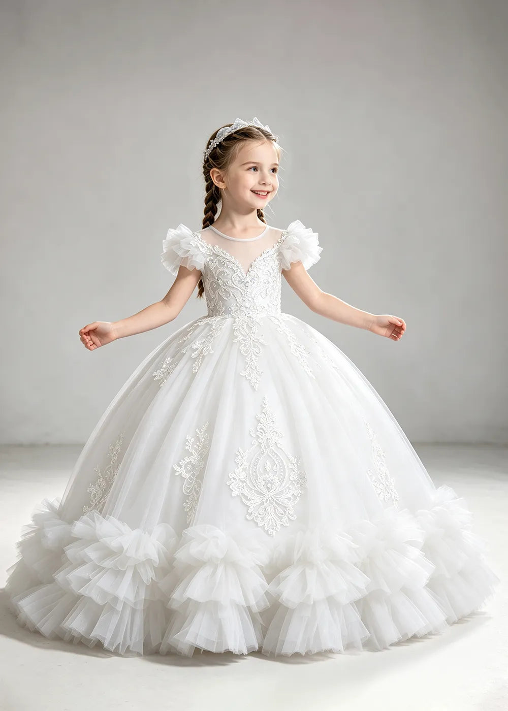Muted Dusty Blue Flower Girl Ball Gown with White Floral Detail