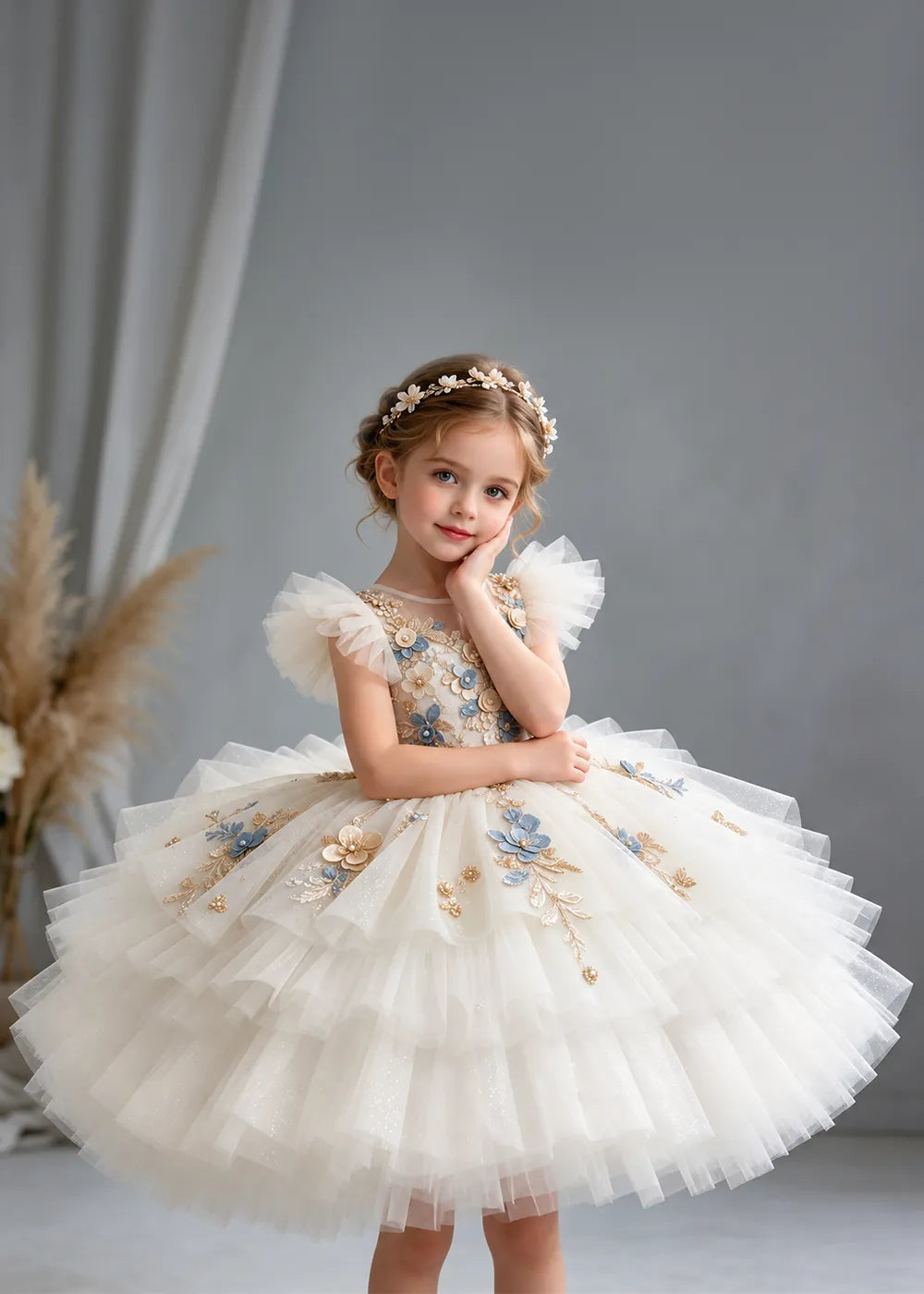 Flower girl dress in White, front view.