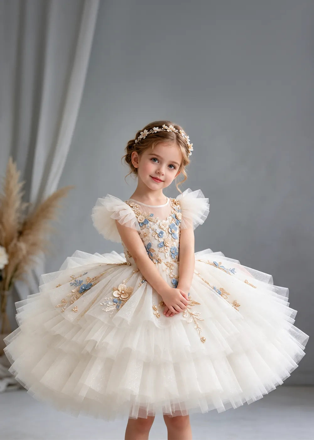 Flower girl dress in White, front view.