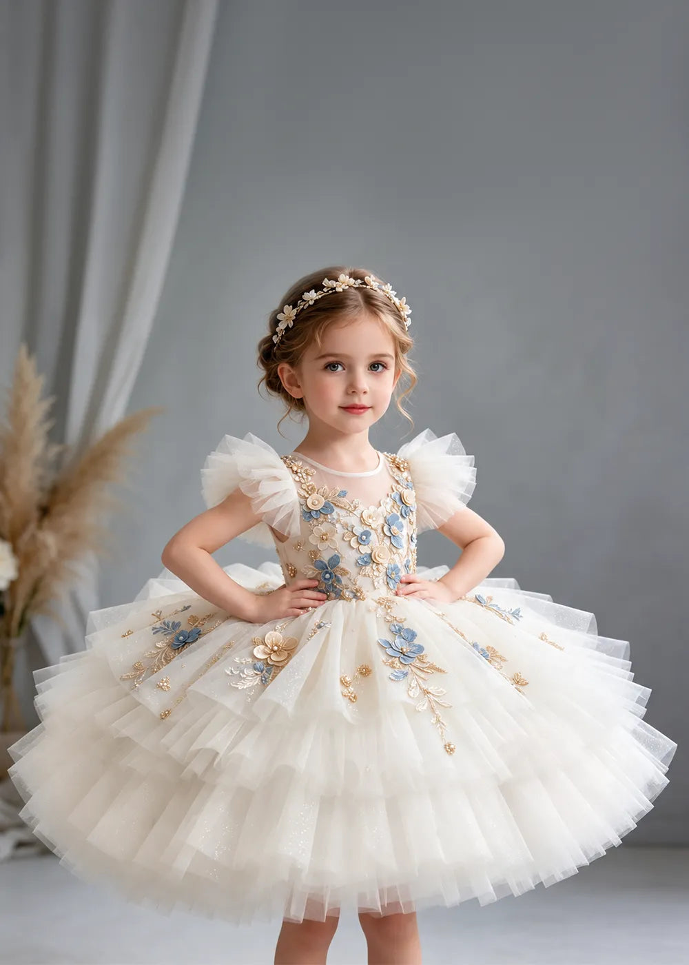 Flower girl dress in White, front view.