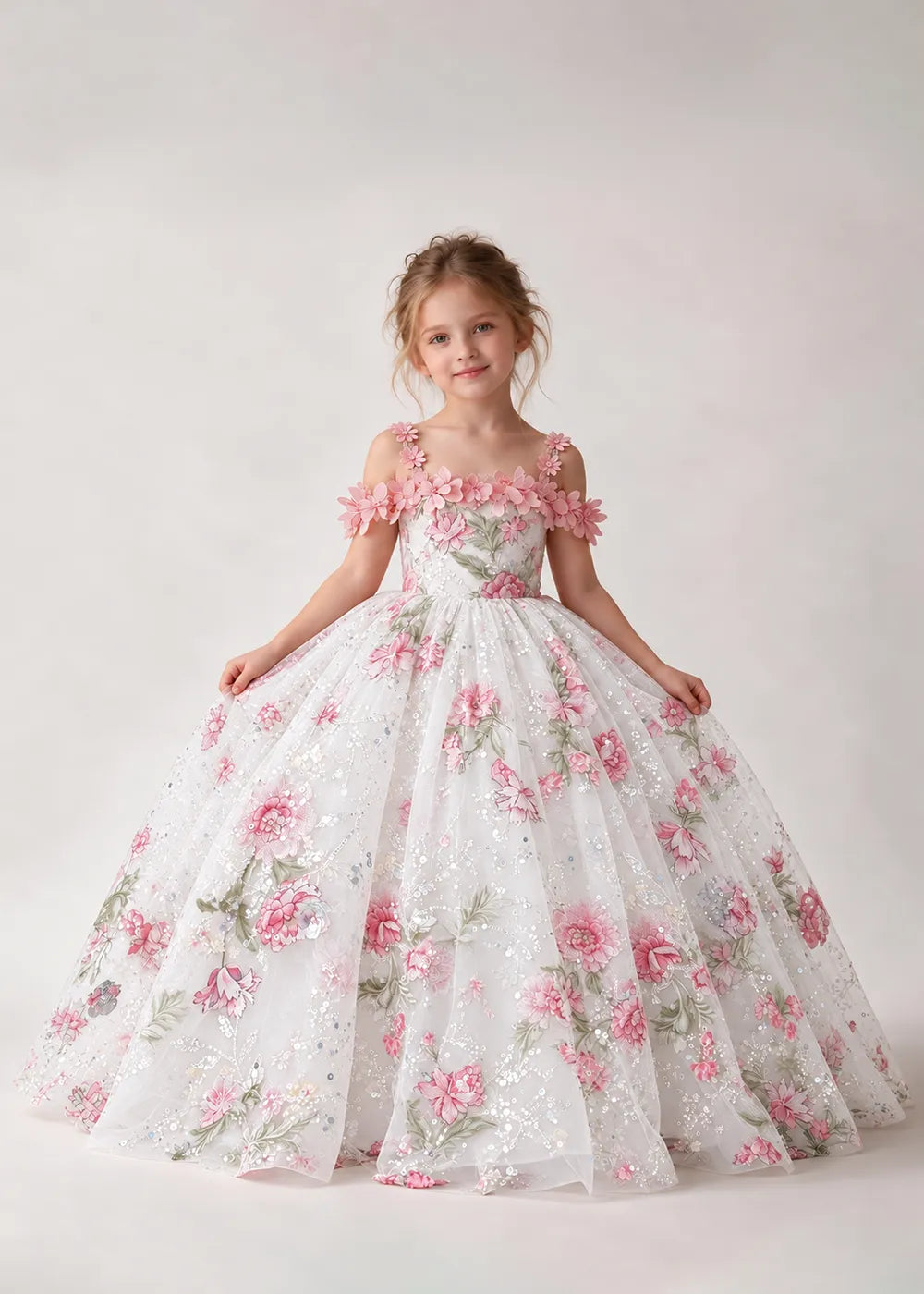 Champagne Floral Flower Girl Gown with Pink Blossom Straps
