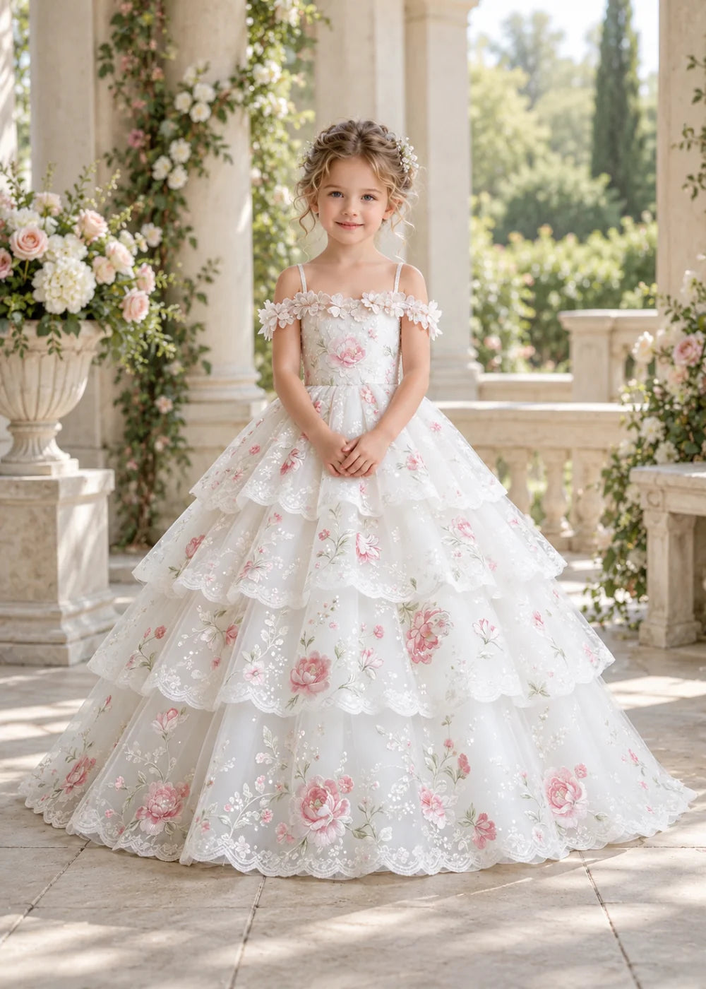 White Floral Flower Girl Dress with Four Scalloped Tiers
