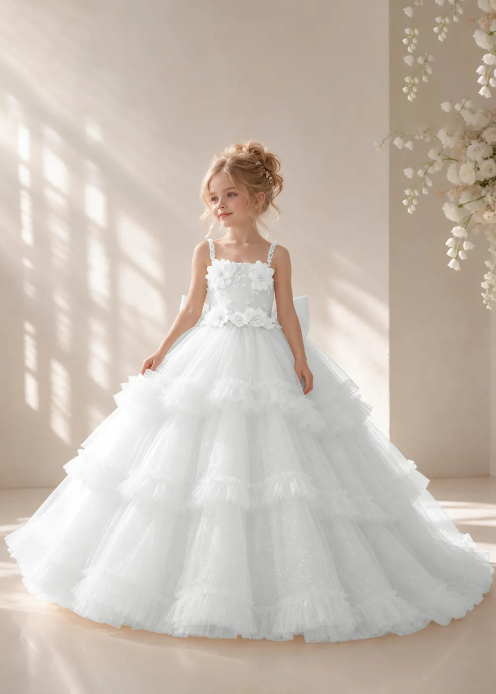 Front view of a child wearing a white flower girl dress with beaded spaghetti straps, a bodice covered in three-dimensional fabric flowers and a multi-tiered tulle skirt.