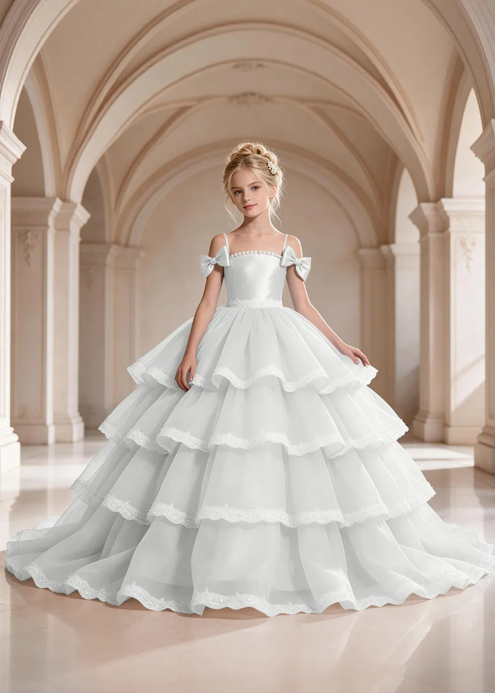 Light Blue Four-Tier Bow-Shoulder Flower Girl Dress