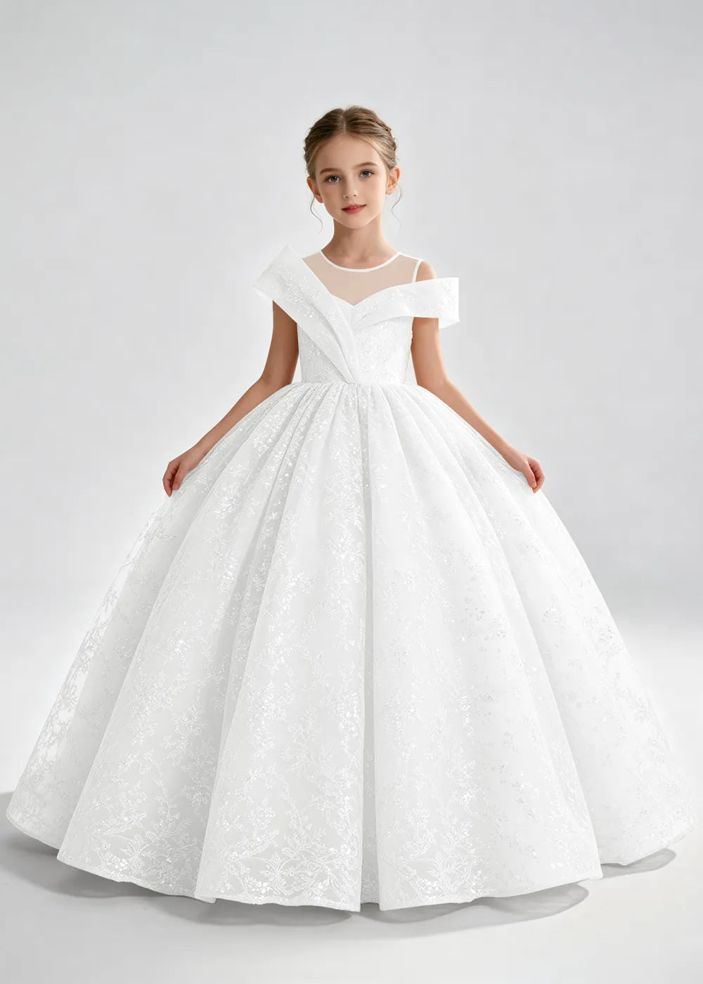 Champagne Illusion-Band Floral Flower Girl Dress