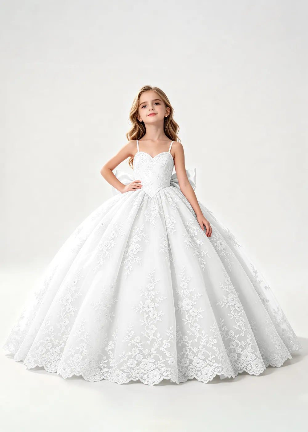 Flower girl dress in White, front view.