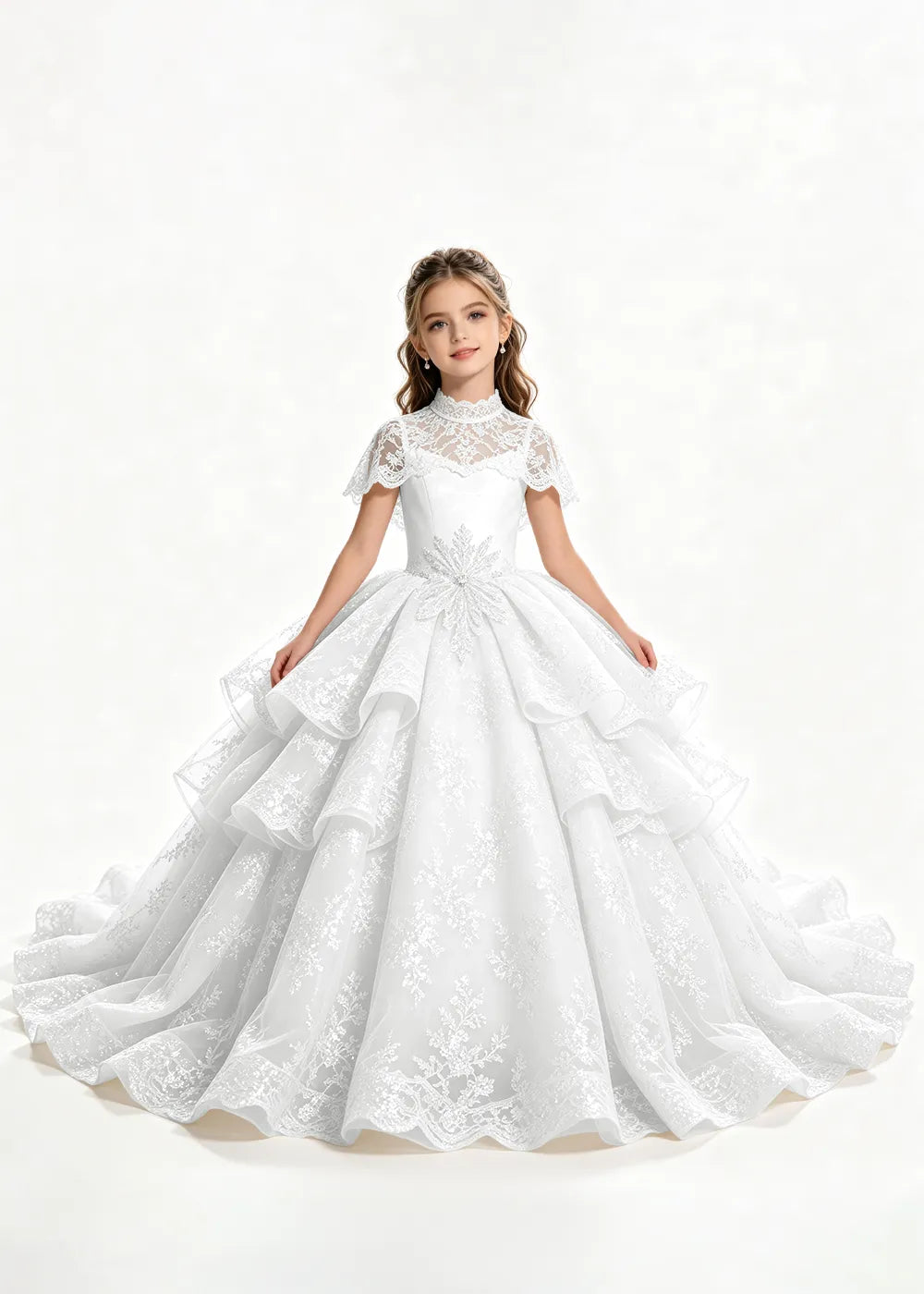 Flower girl dress in White, front view.