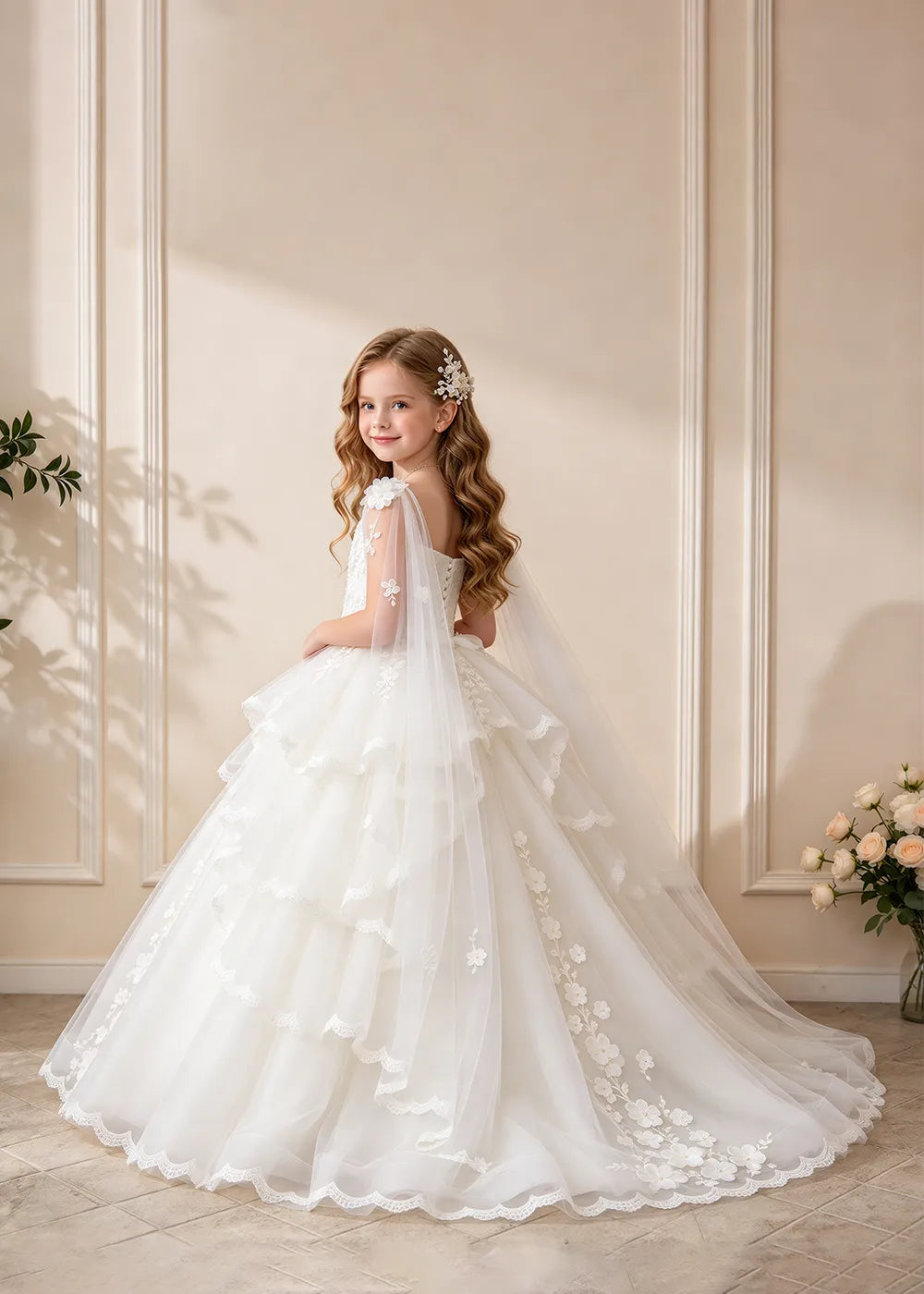 White Flower Girl Dress with Lace Ruffles and Sheer Shoulder Drapes