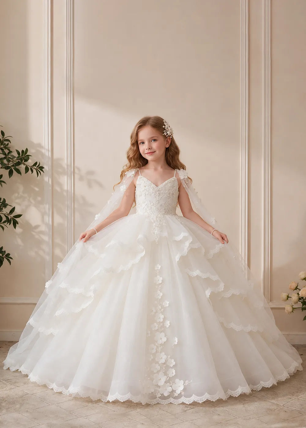 White Flower Girl Dress with Lace Ruffles and Sheer Shoulder Drapes