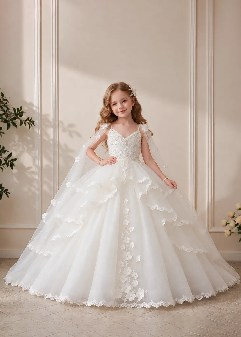 White Flower Girl Dress with Lace Ruffles and Sheer Shoulder Drapes