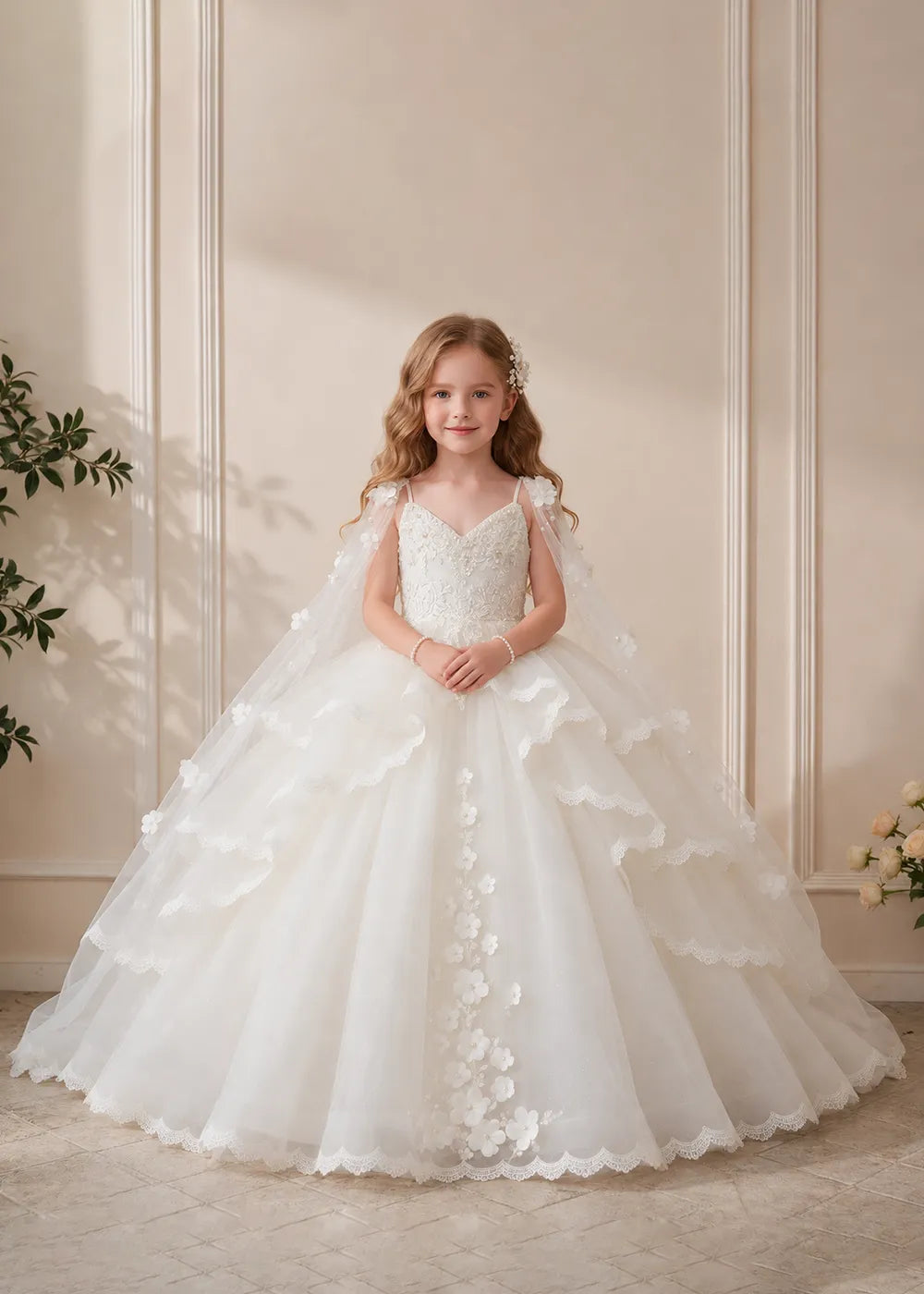 White Flower Girl Dress with Lace Ruffles and Sheer Shoulder Drapes
