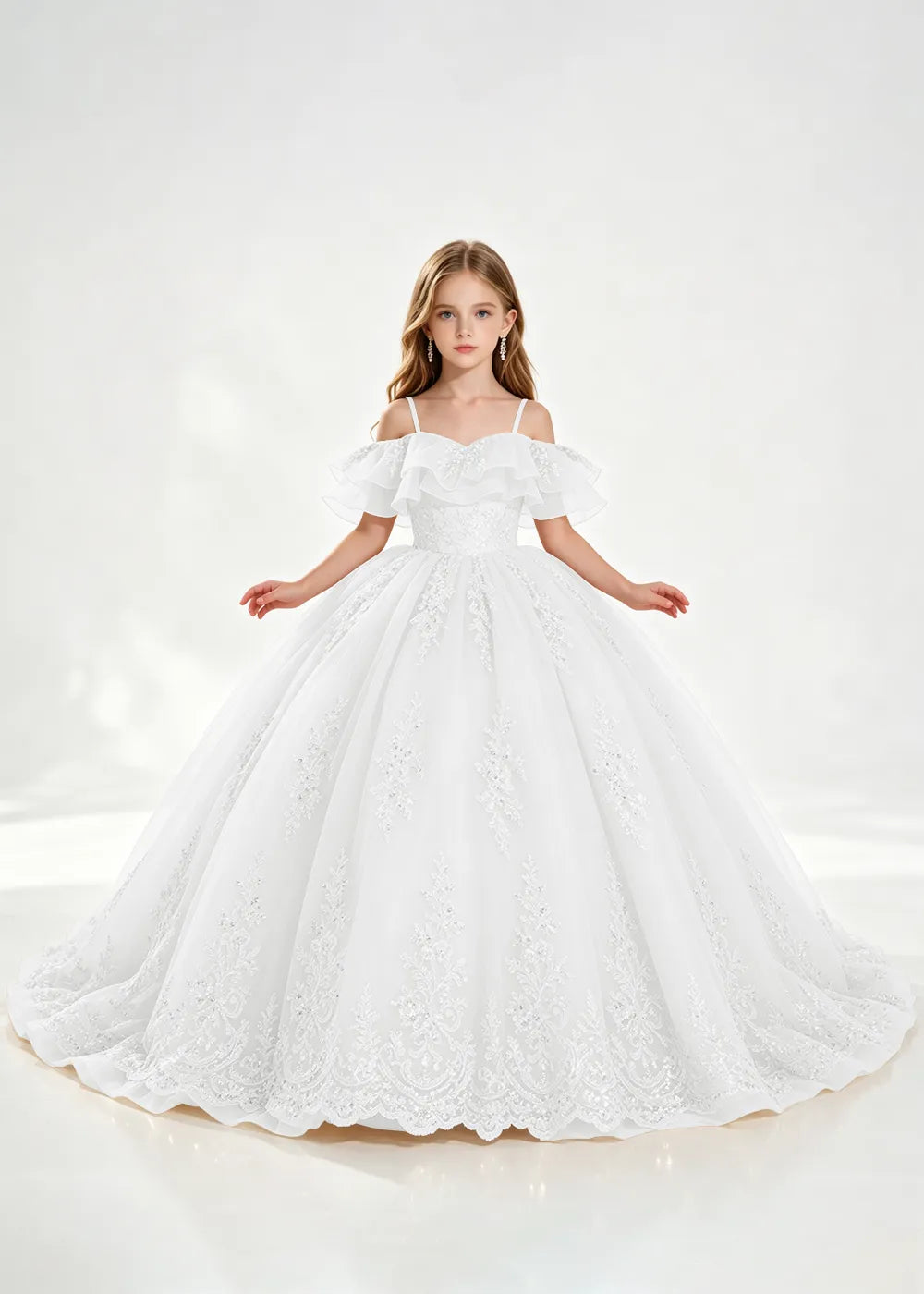 Champagne Off-Shoulder Lace-Hem Flower Girl Dress
