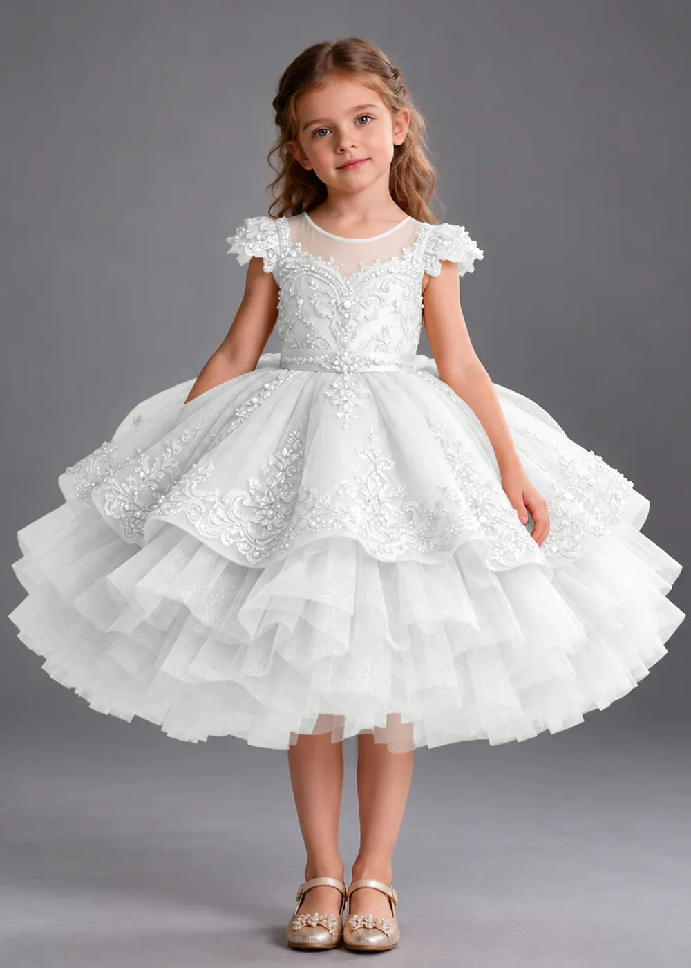 Gold Knee-Length Flower Girl Dress with Scalloped Lace Overlay