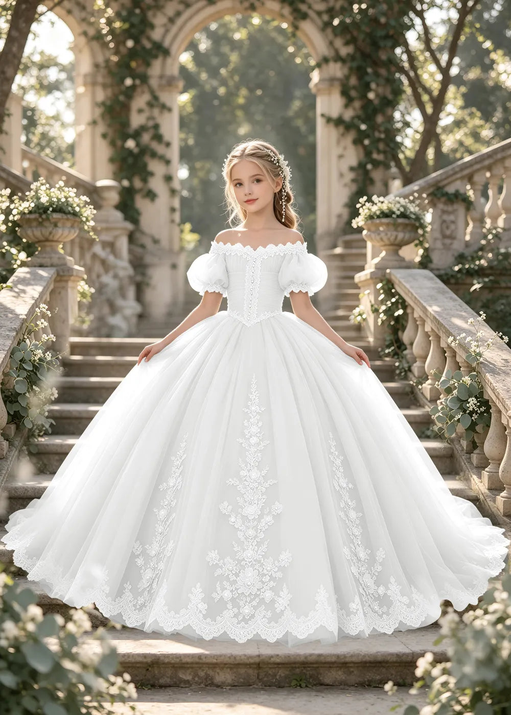 Flower girl dress in White, front view.