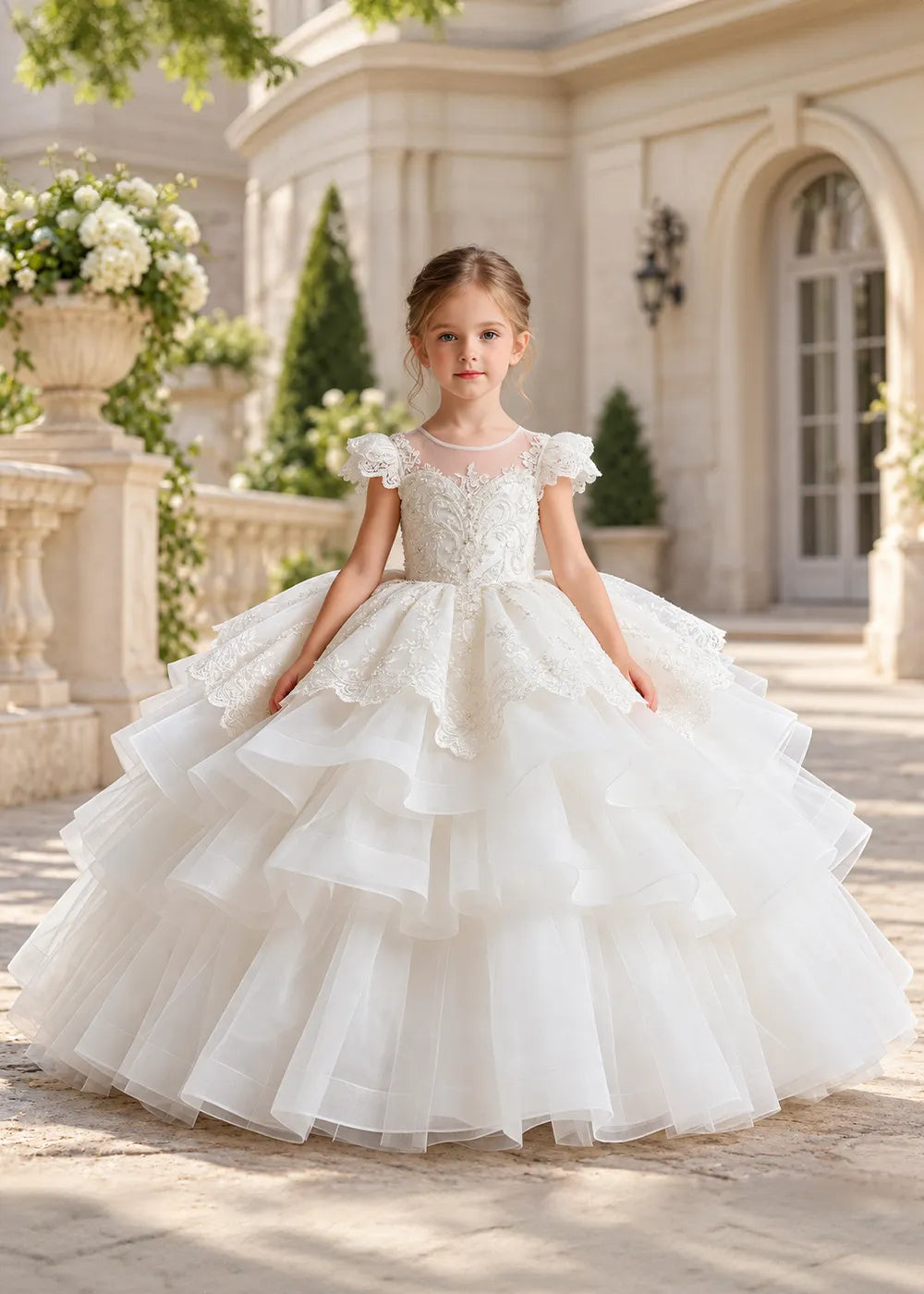 White Flower Girl Ball Gown with Scalloped Lace and Tiered Ruffles