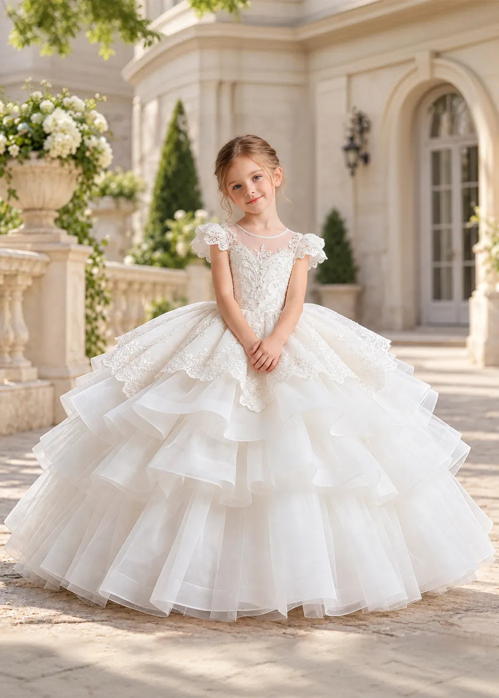 White Flower Girl Ball Gown with Scalloped Lace and Tiered Ruffles