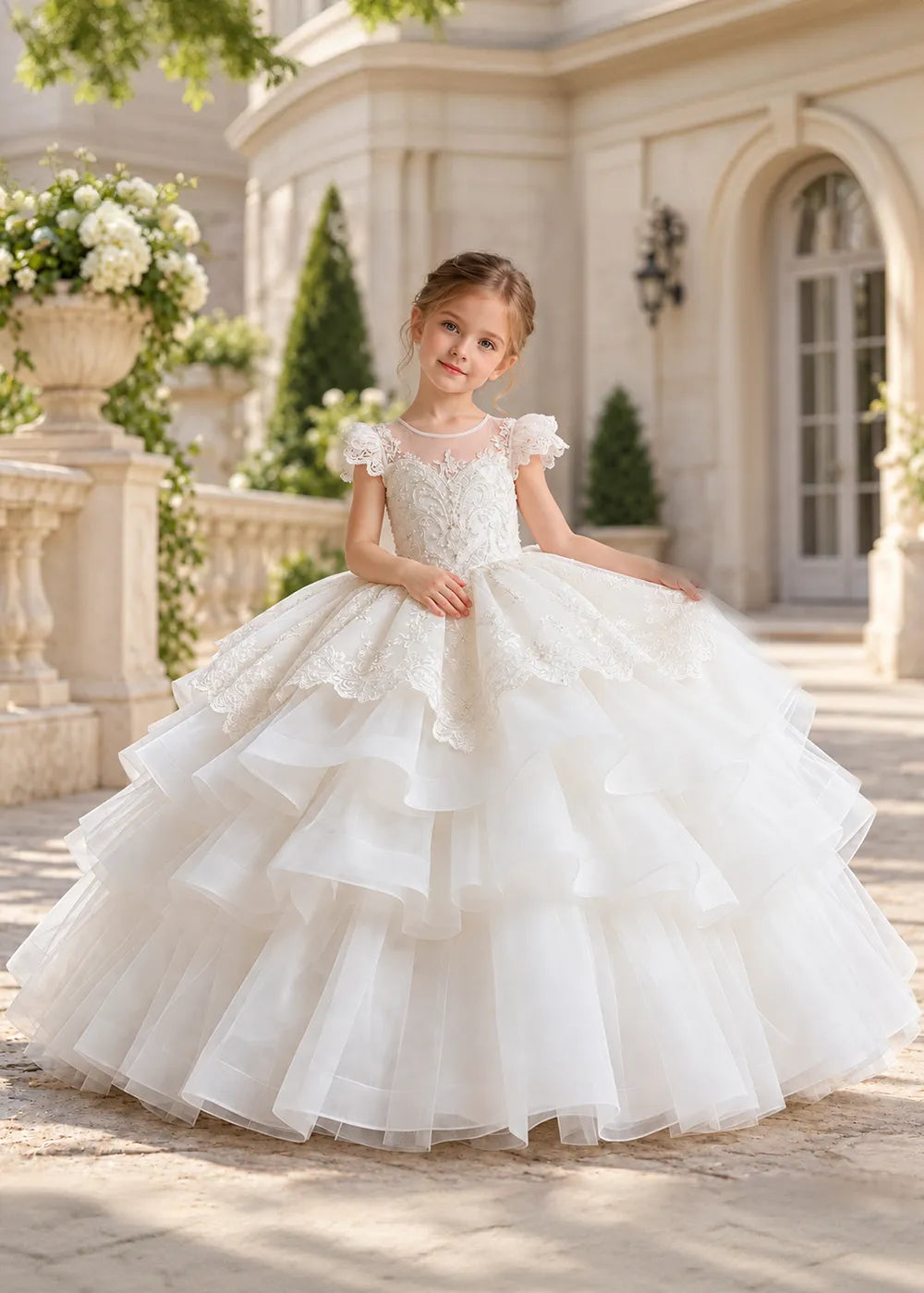 White Flower Girl Ball Gown with Scalloped Lace and Tiered Ruffles