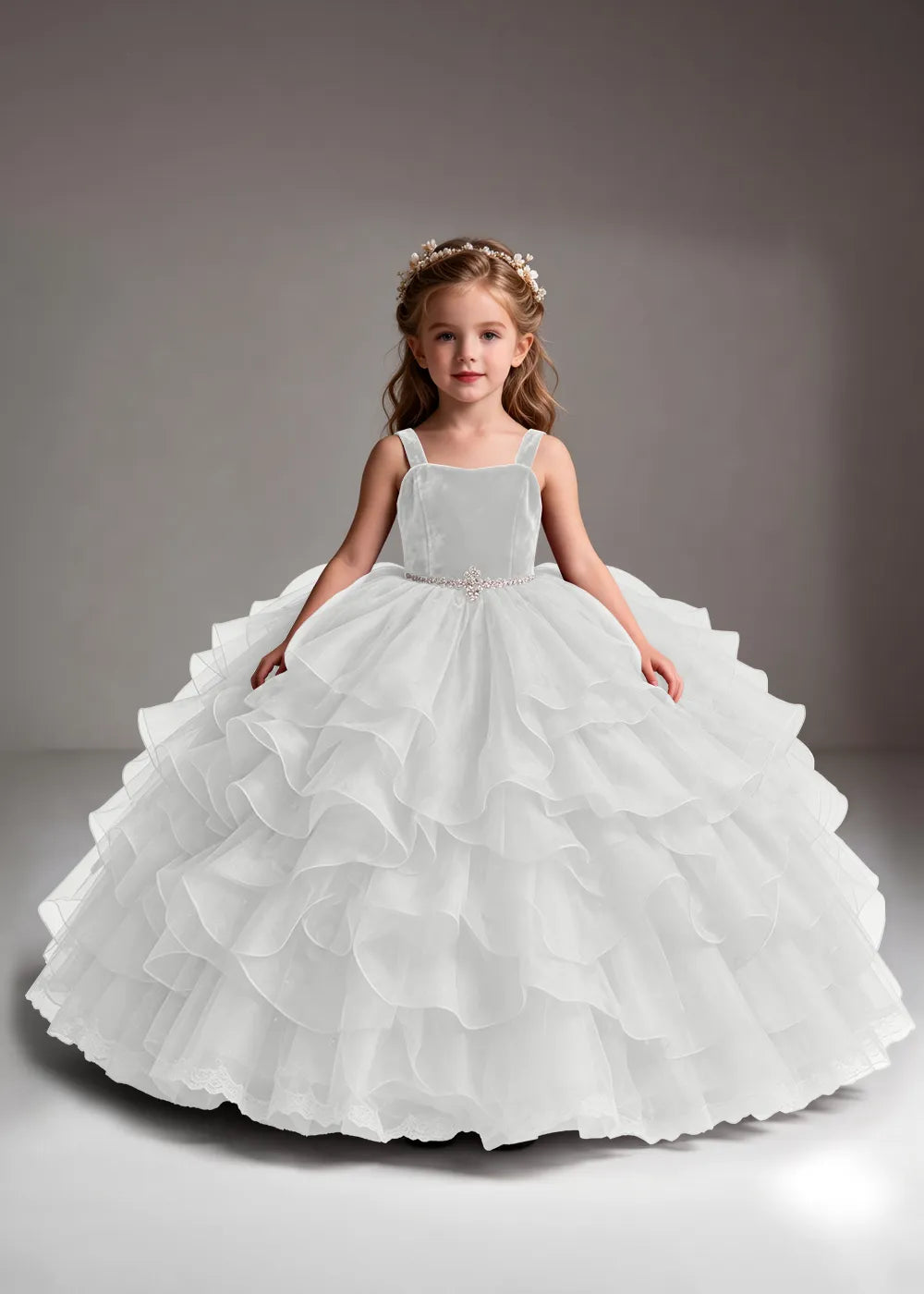 White Flower Girl Dress with Cascading Ruffles and a Square Neckline
