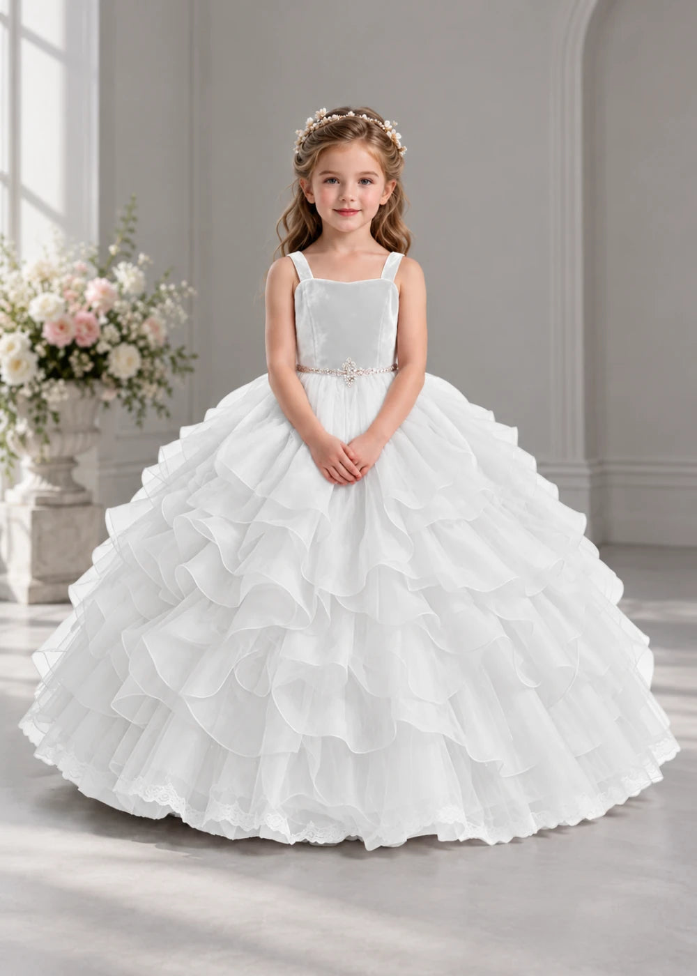 White Flower Girl Dress with Cascading Ruffles and a Square Neckline