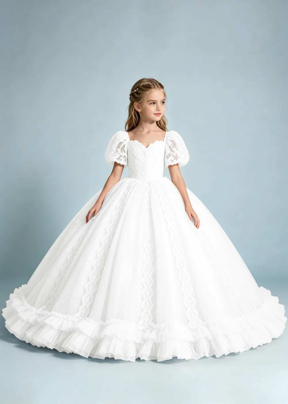 Warm Ivory Flower Girl Gown with Puff Sleeves and Ruffled Hem