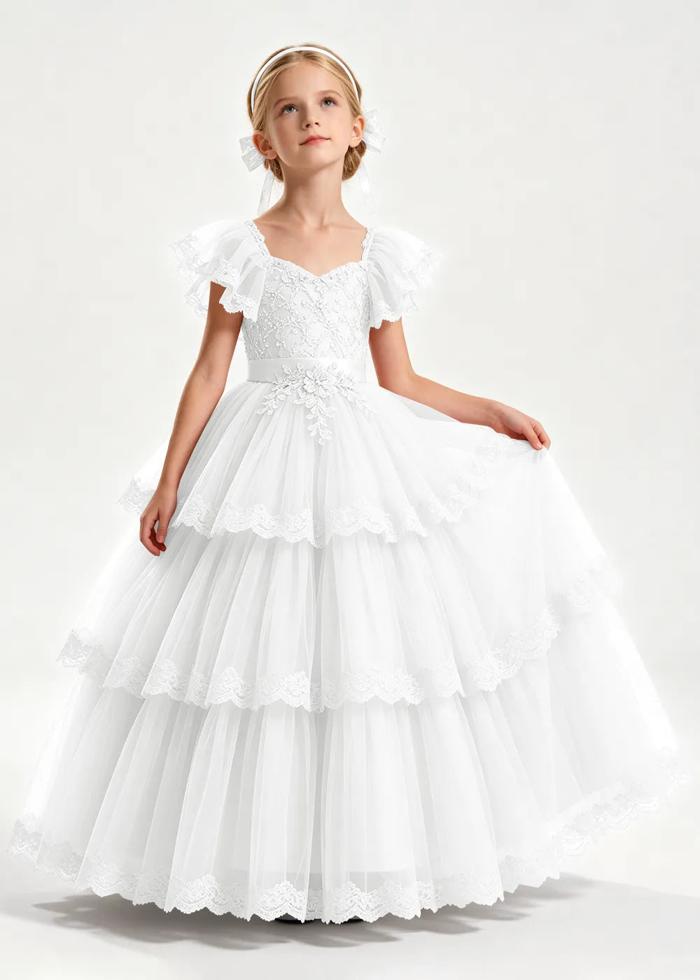 Warm Blush Pink Flower Girl Ball Gown with Three Lace-Edged Tiers